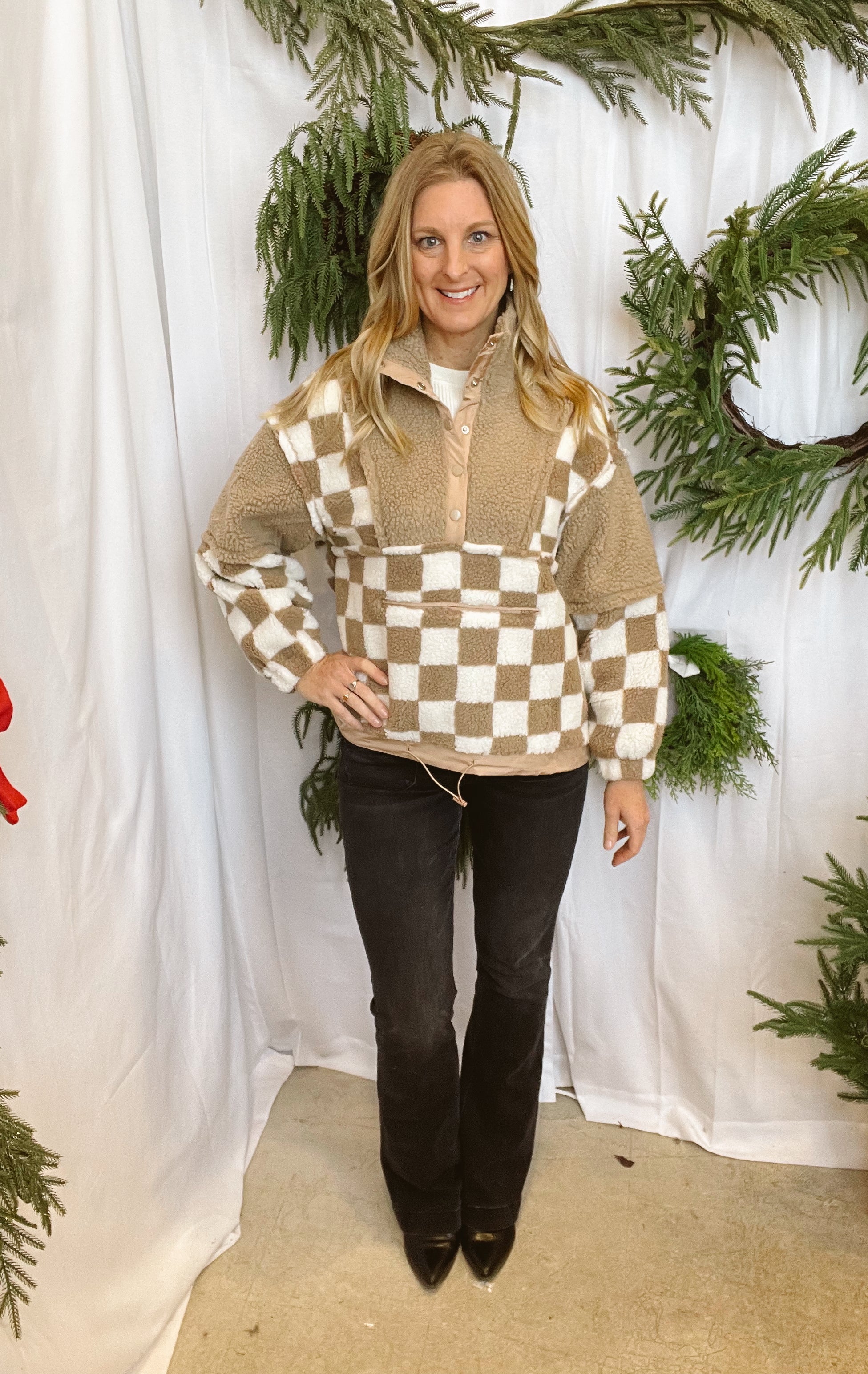 Checkered Sherpa Pullover Sweatshirt-Vests-so me-The Silo Boutique, Women's Fashion Boutique Located in Warren and Grand Forks North Dakota