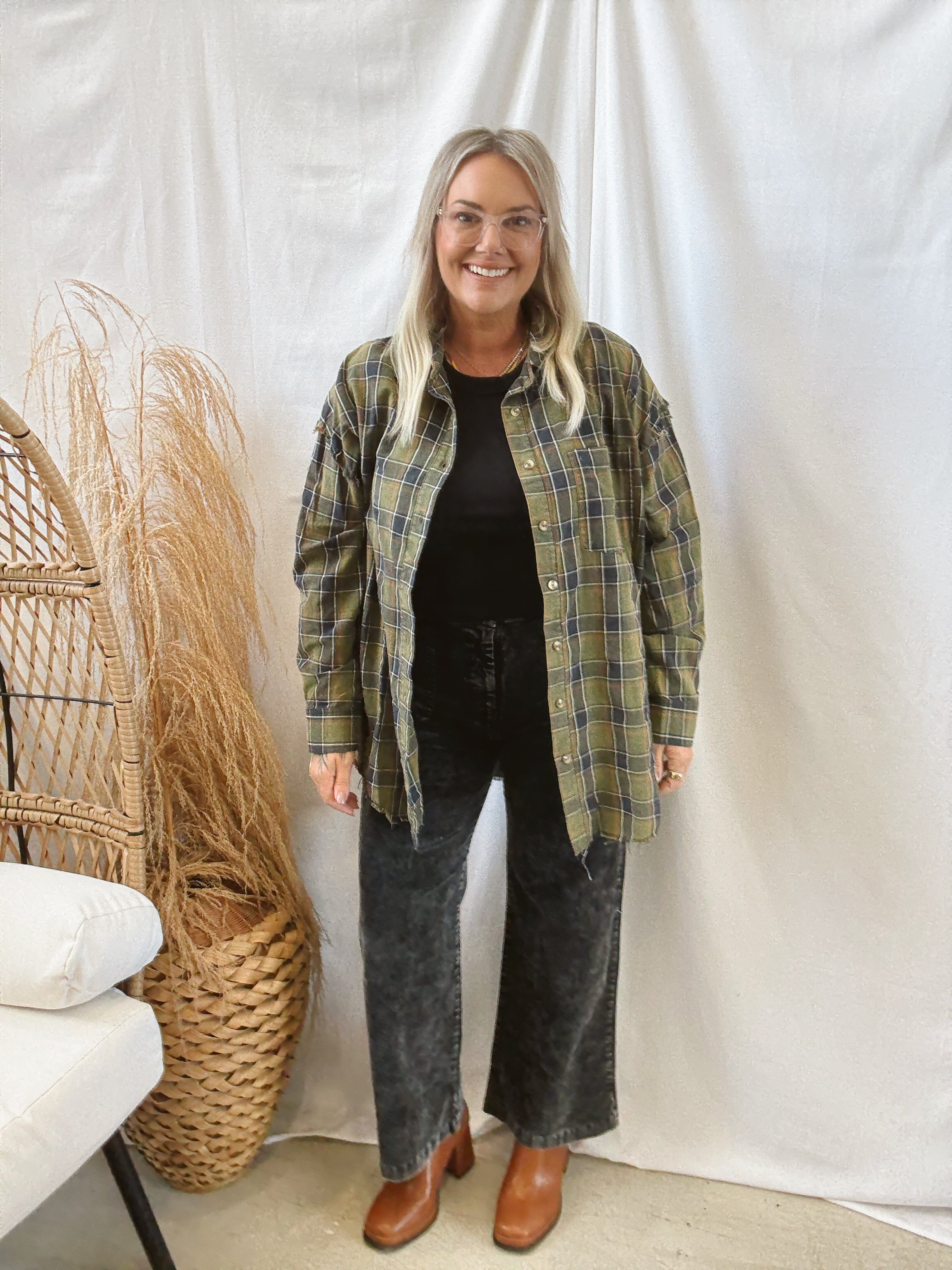 Raw Hem Green Plaid Shirt-Long Sleeve Tops-promesa-The Silo Boutique, Women's Fashion Boutique Located in Warren and Grand Forks North Dakota