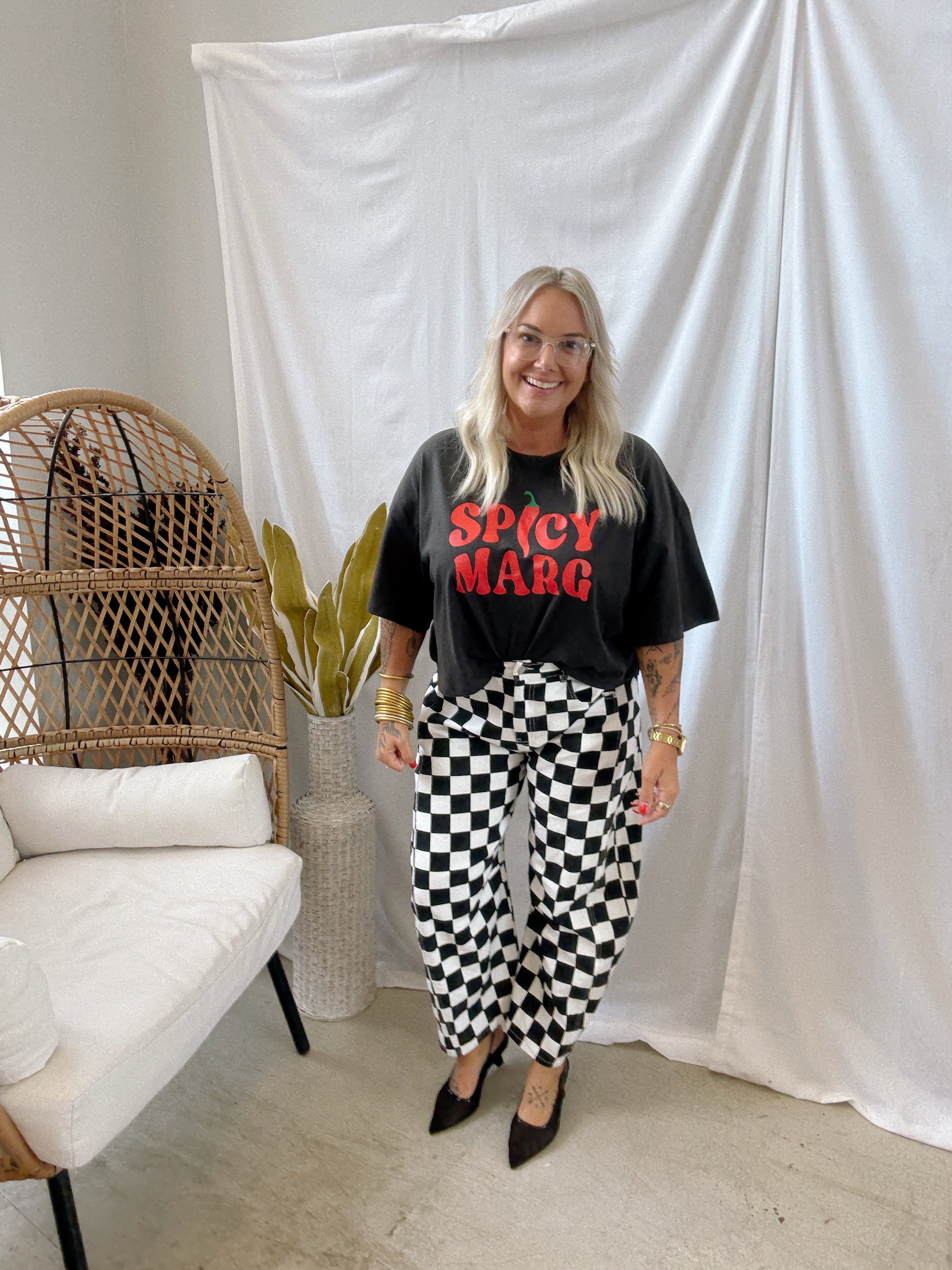 Black and White Check Barrel Jeans-Final Sale-Jeans-oddi-The Silo Boutique, Women's Fashion Boutique Located in Warren and Grand Forks North Dakota