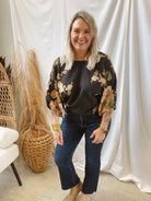 Floral Gathered Sleeve Top-Black-Short Sleeve Tops-ENTRO-The Silo Boutique, Women's Fashion Boutique Located in Warren and Grand Forks North Dakota