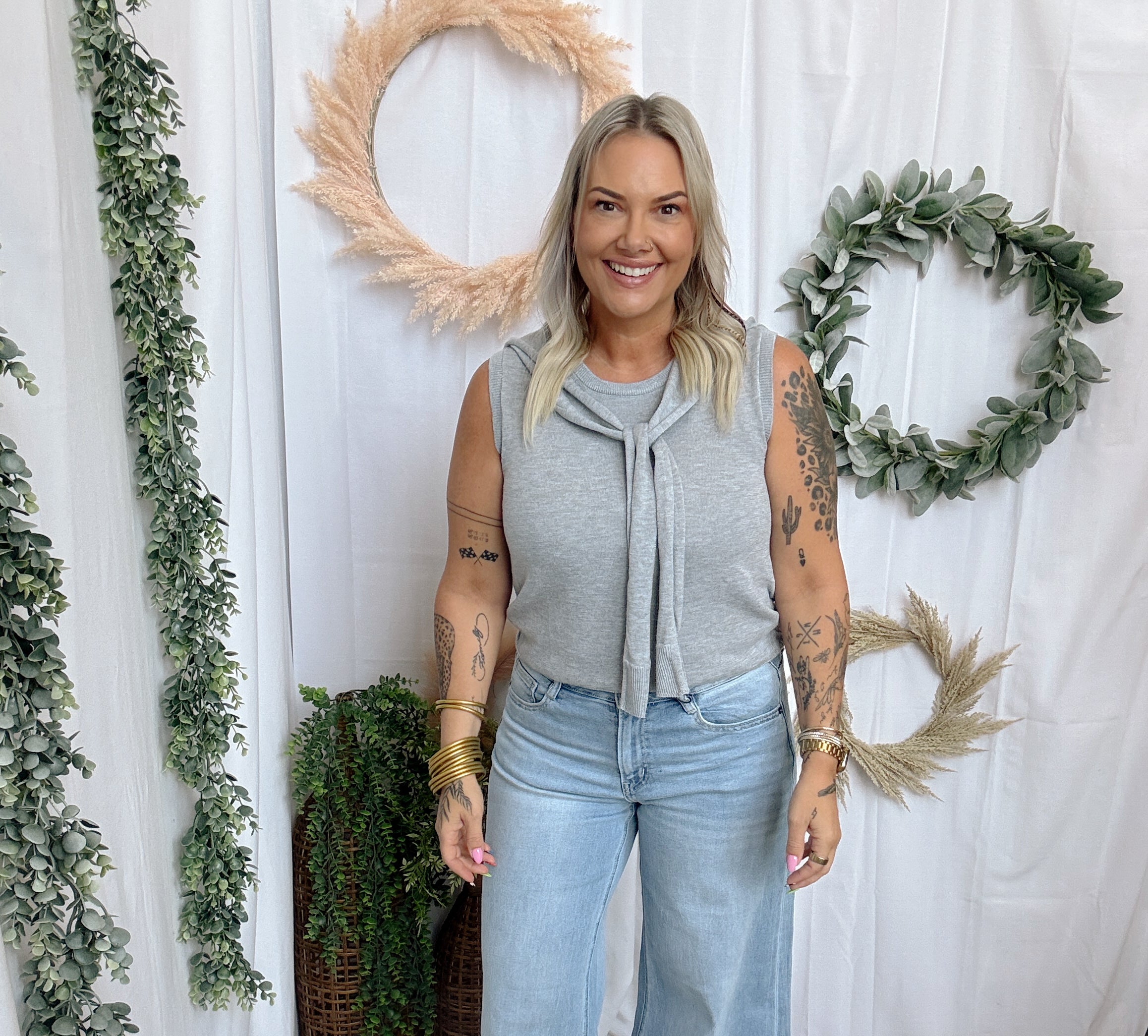 Kelly Tie Tank Sweater Top-Grey-Tank Tops-ENTRO-The Silo Boutique, Women's Fashion Boutique Located in Warren and Grand Forks North Dakota