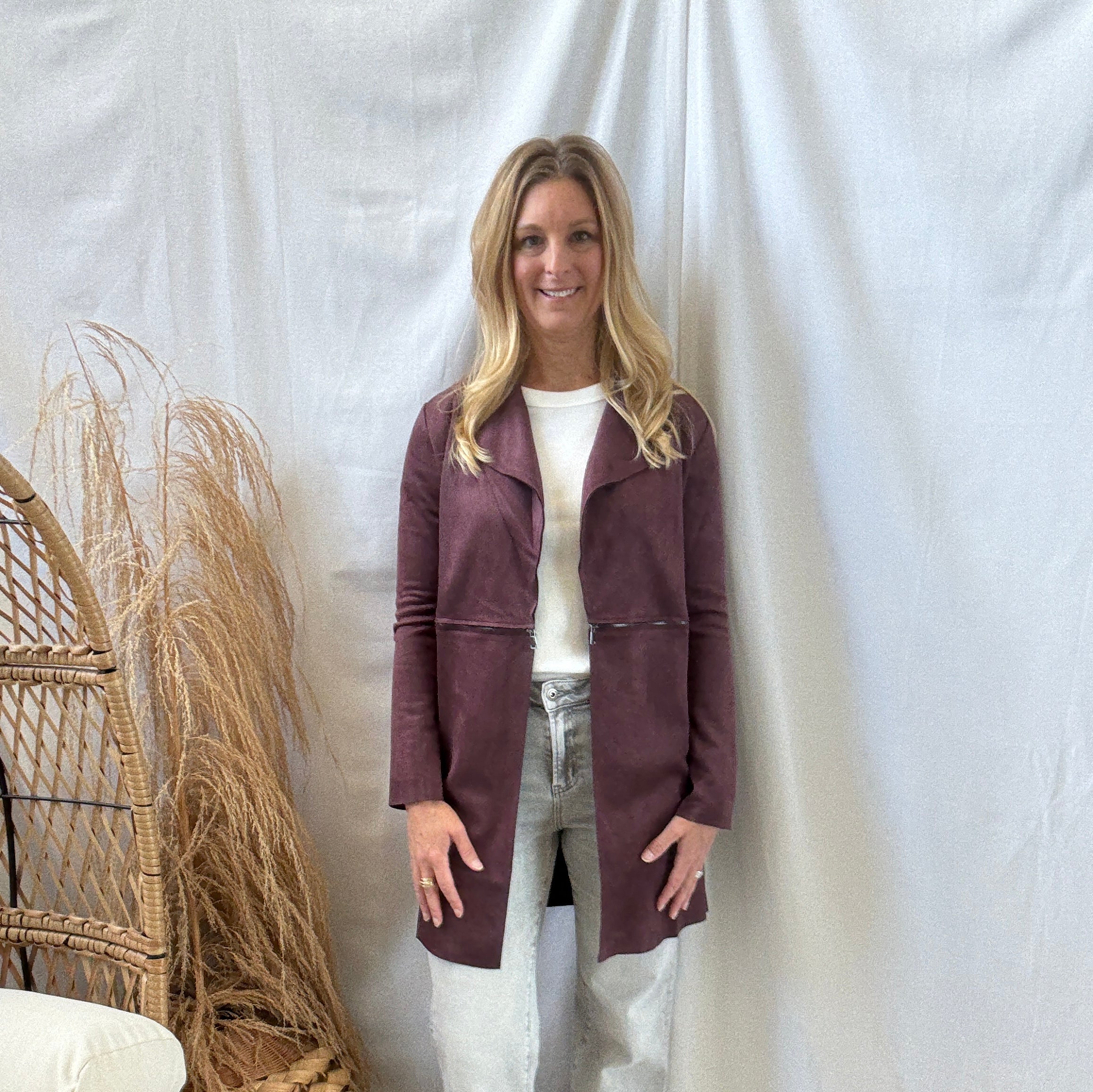 Long Sleeve Suede Jacket-Burgundy-Coats & Jackets-active basics-The Silo Boutique, Women's Fashion Boutique Located in Warren and Grand Forks North Dakota
