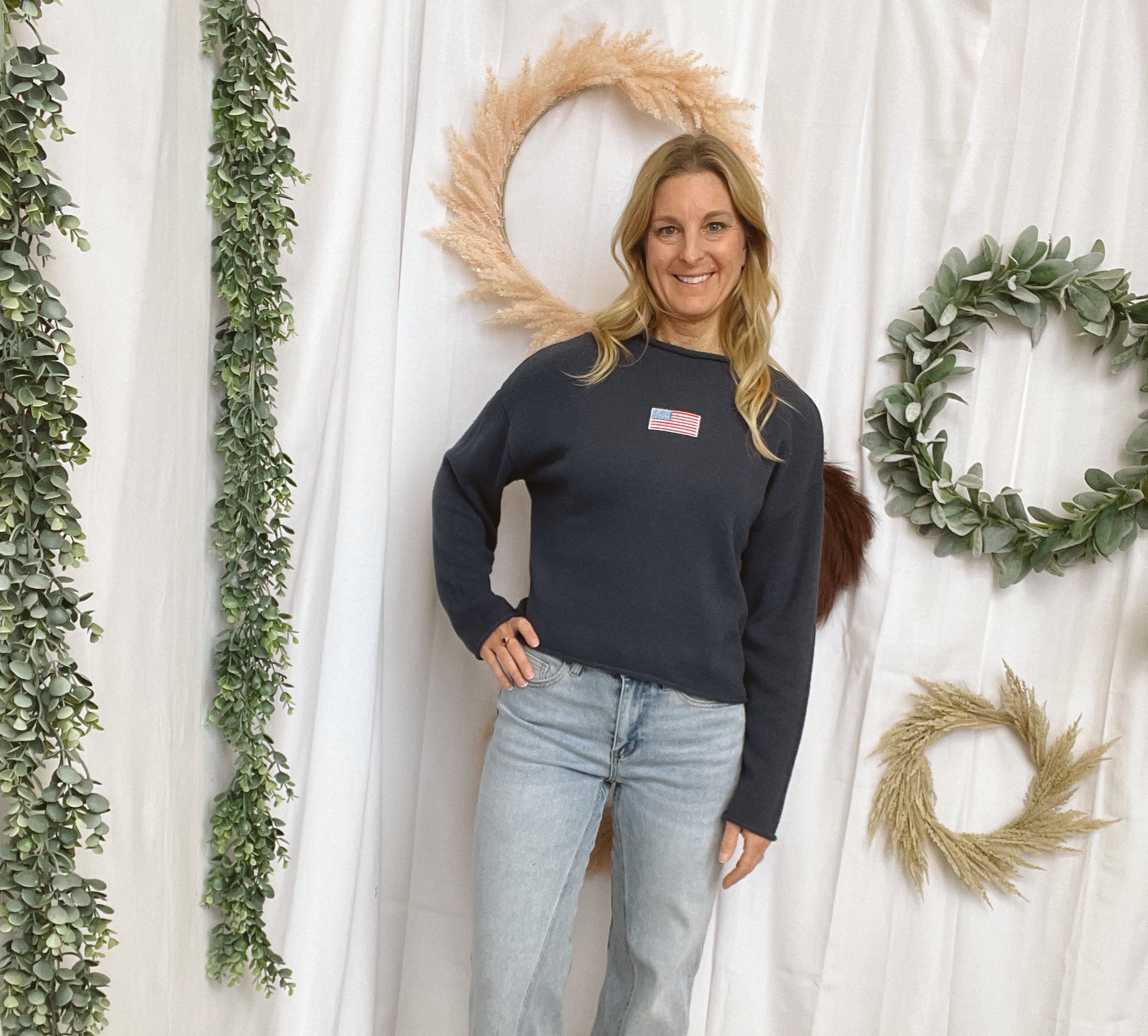 Le Lis Navy USA Flag Sweater-Sweaters-lelis-The Silo Boutique, Women's Fashion Boutique Located in Warren and Grand Forks North Dakota