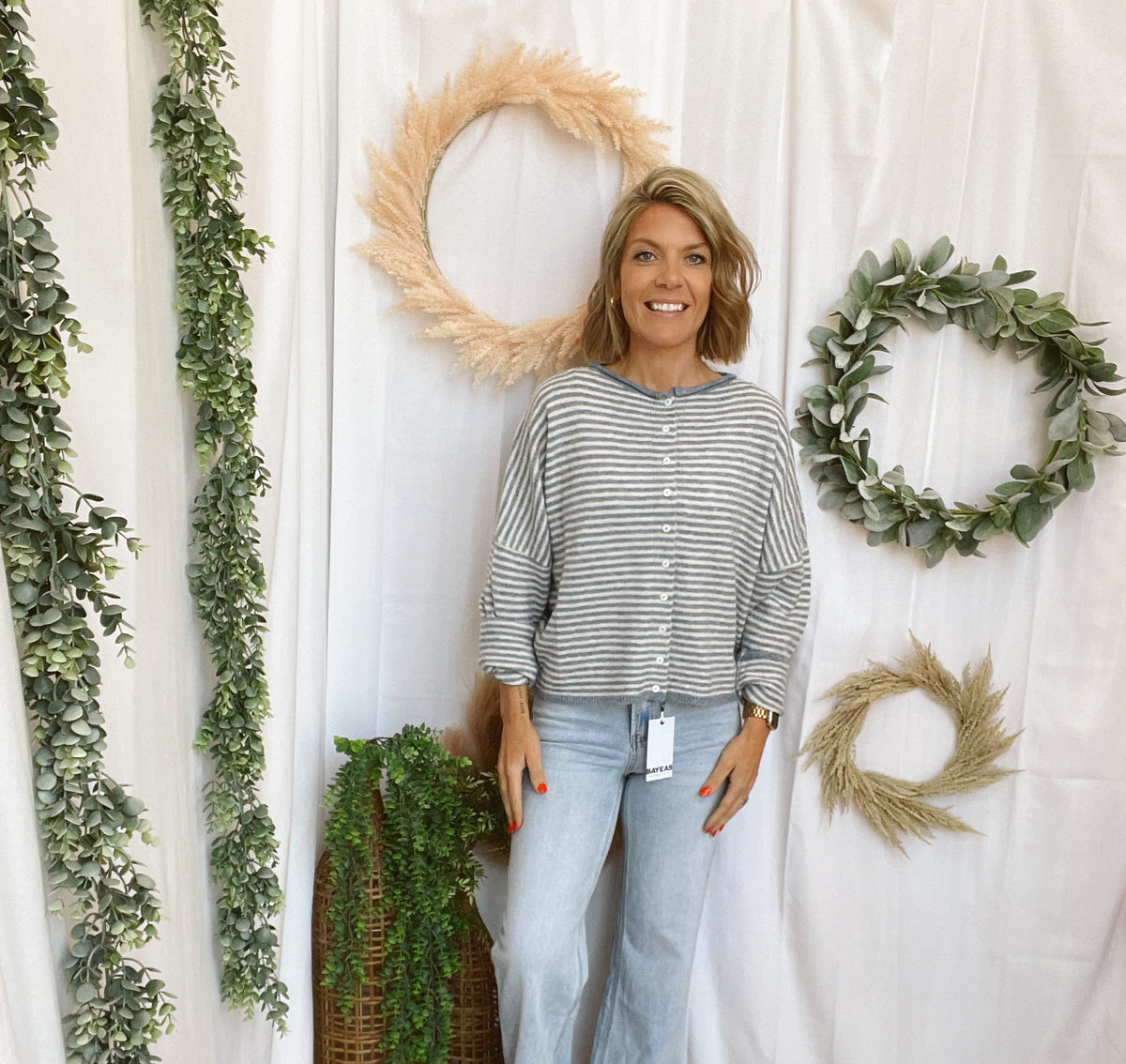 Jesse Striped Cardigan-Dusty Blue-Cardigans-joa-The Silo Boutique, Women's Fashion Boutique Located in Warren and Grand Forks North Dakota