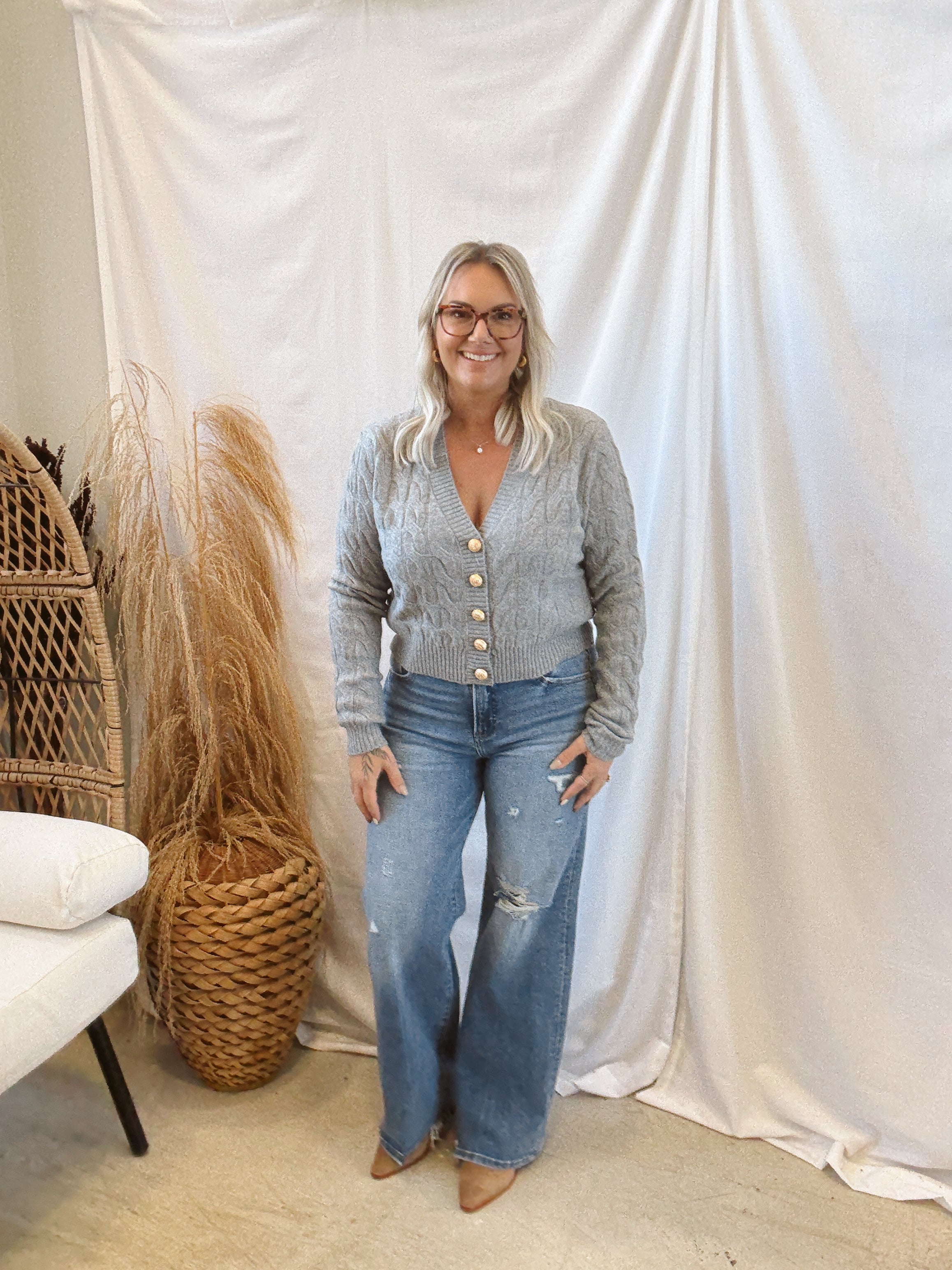 Grey Cable Knit Gold Button Cardigan-Cardigans-hyfve-The Silo Boutique, Women's Fashion Boutique Located in Warren and Grand Forks North Dakota