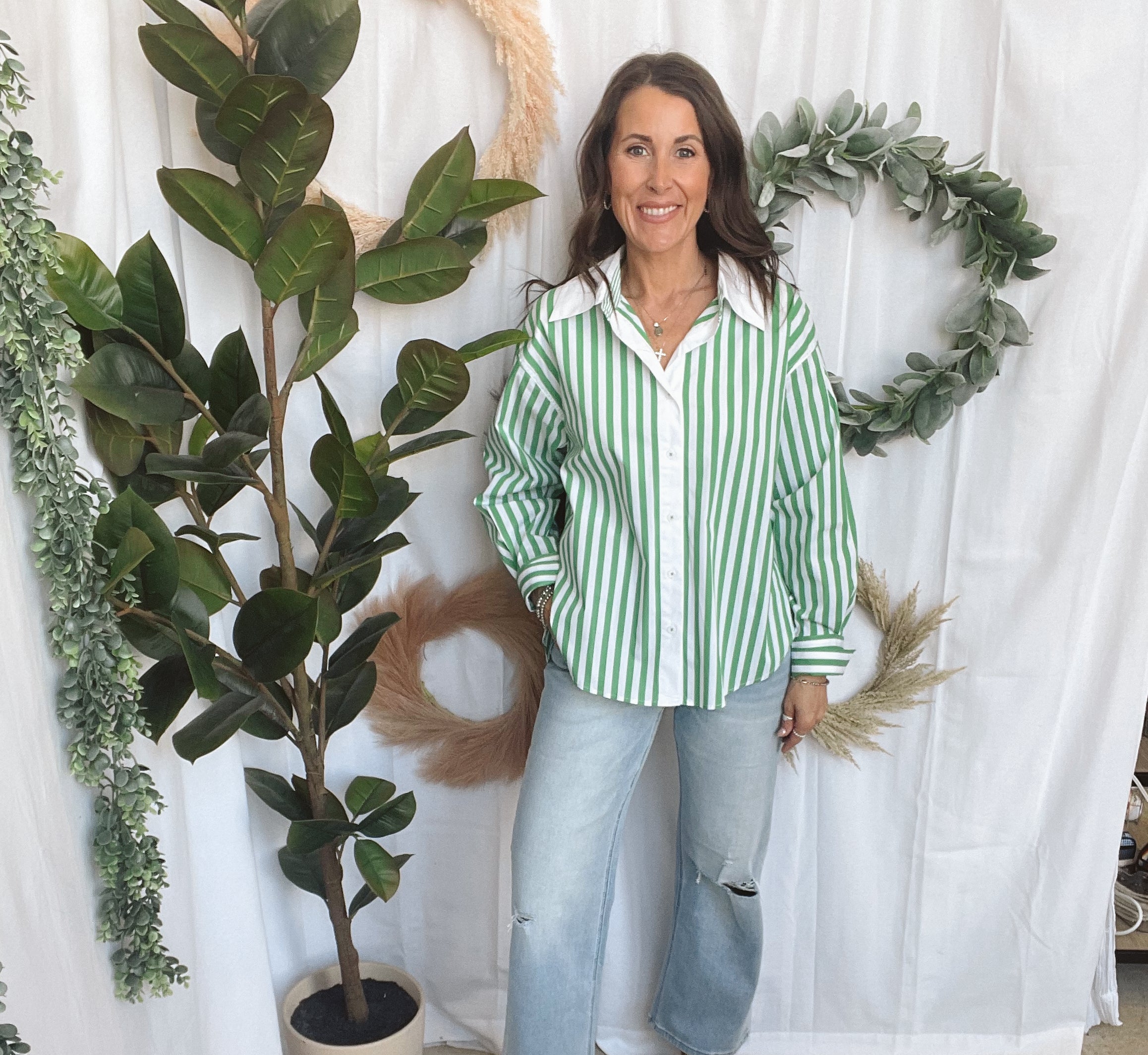 Green and White Stripe Poplin Shirt-Long Sleeve Tops-skies are blue-The Silo Boutique, Women's Fashion Boutique Located in Warren and Grand Forks North Dakota