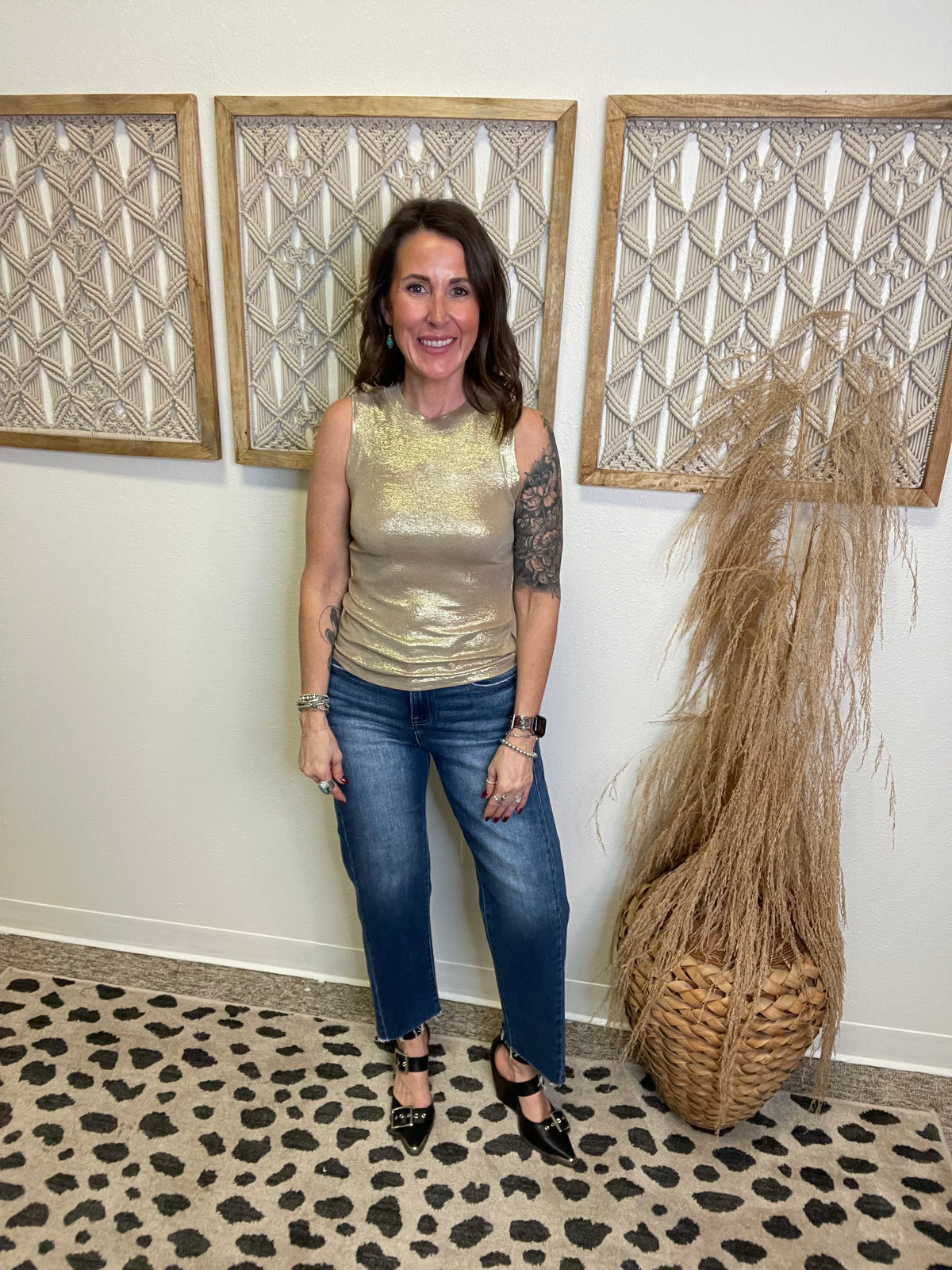 Elan Shimmer Tank Top-Gold-Long Sleeve Tops-elan-The Silo Boutique, Women's Fashion Boutique Located in Warren and Grand Forks North Dakota