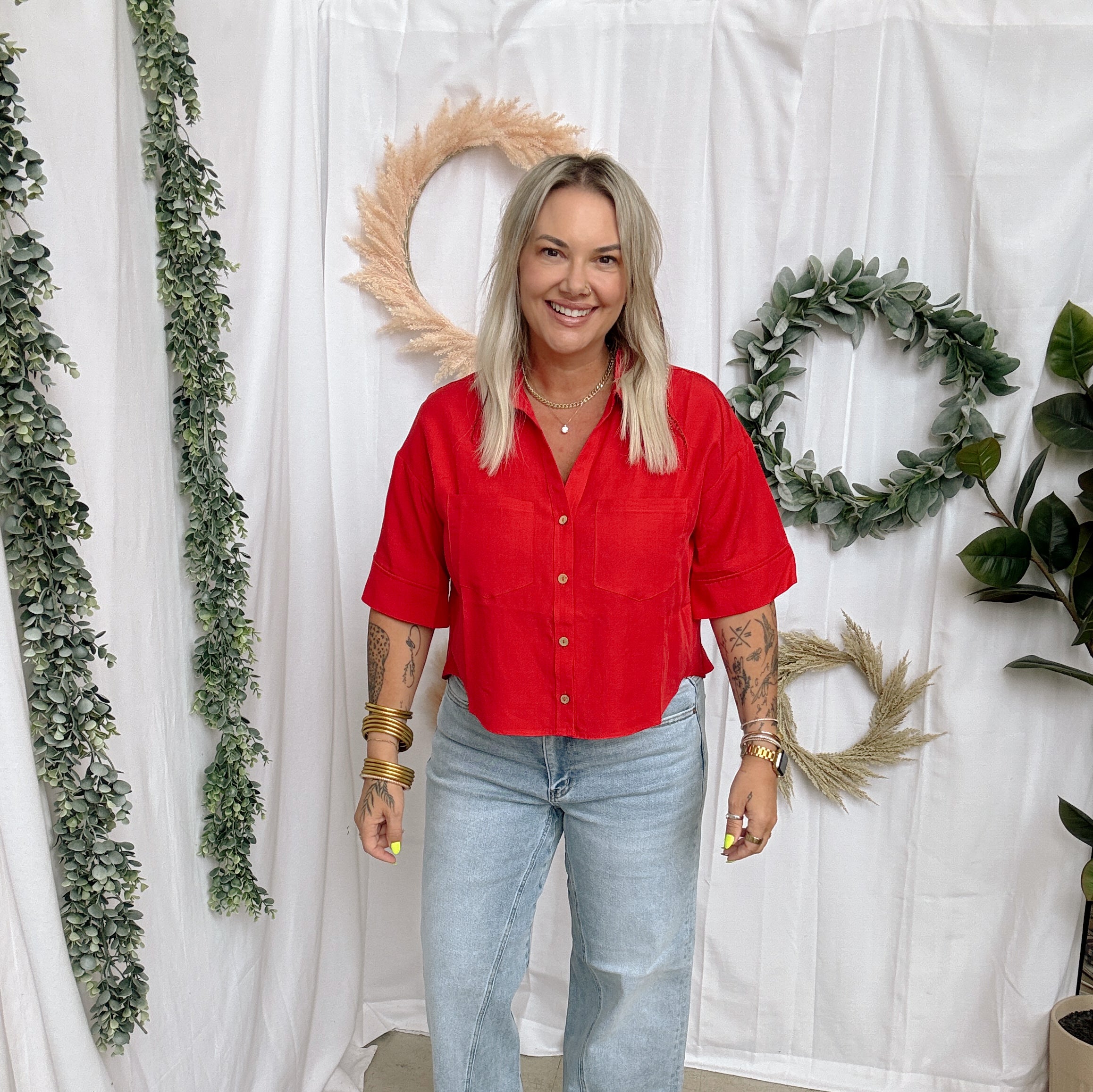 Free Moving Short Sleeve Top-Red-Short Sleeve Tops-hyfve-The Silo Boutique, Women's Fashion Boutique Located in Warren and Grand Forks North Dakota