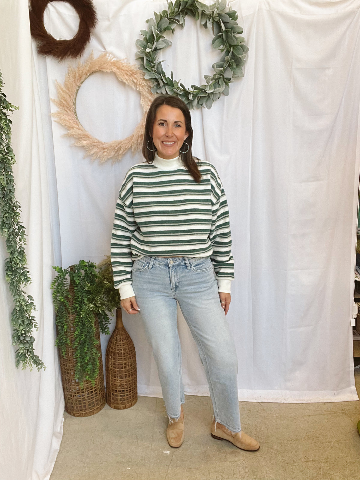 Super Soft Striped Mock Sweatshirt-Green-sweashirts-lelis-The Silo Boutique, Women's Fashion Boutique Located in Warren and Grand Forks North Dakota