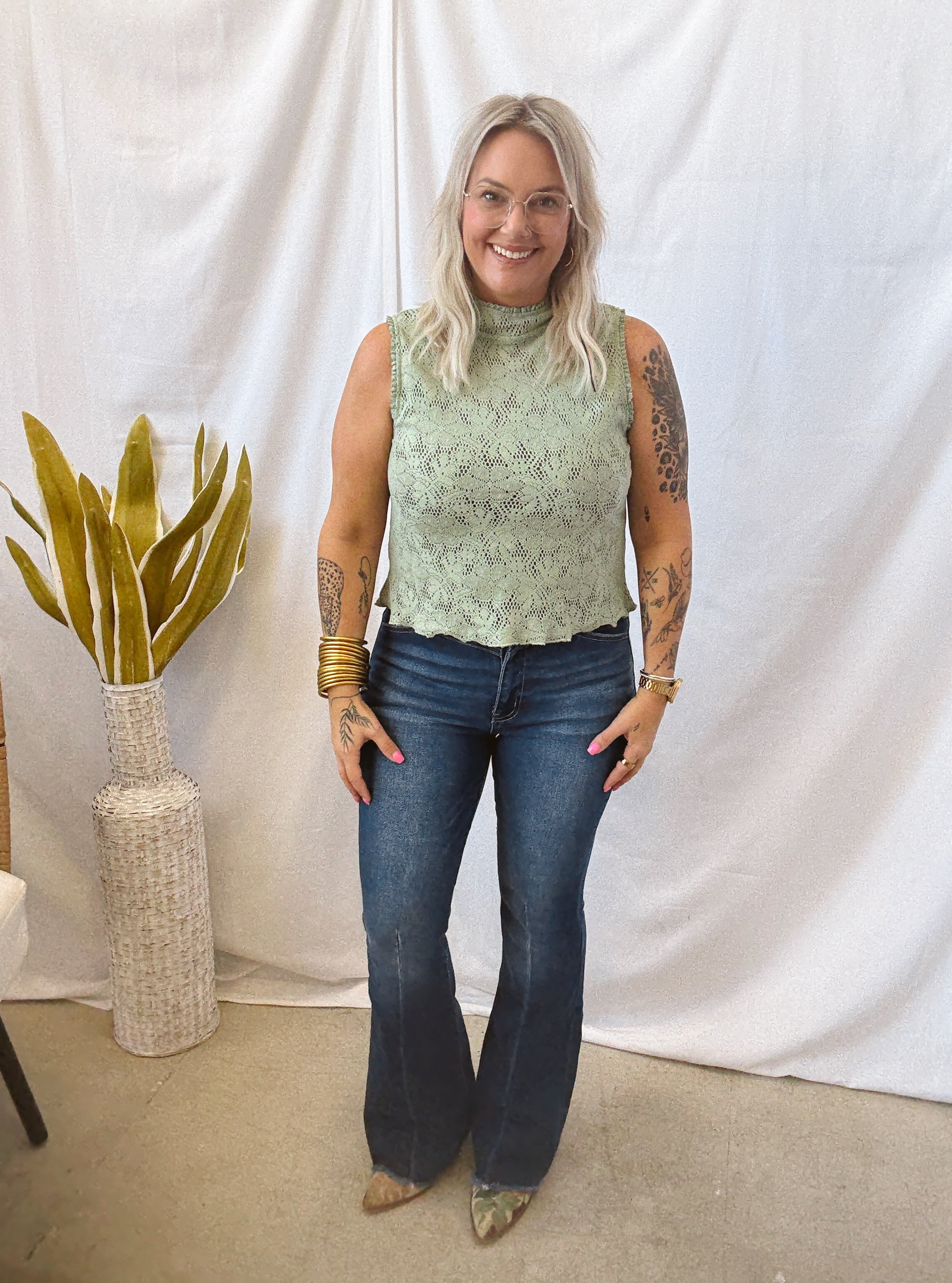 Lace Sheer Tank Top-Sage-Tank Tops-Umgee-The Silo Boutique, Women's Fashion Boutique Located in Warren and Grand Forks North Dakota