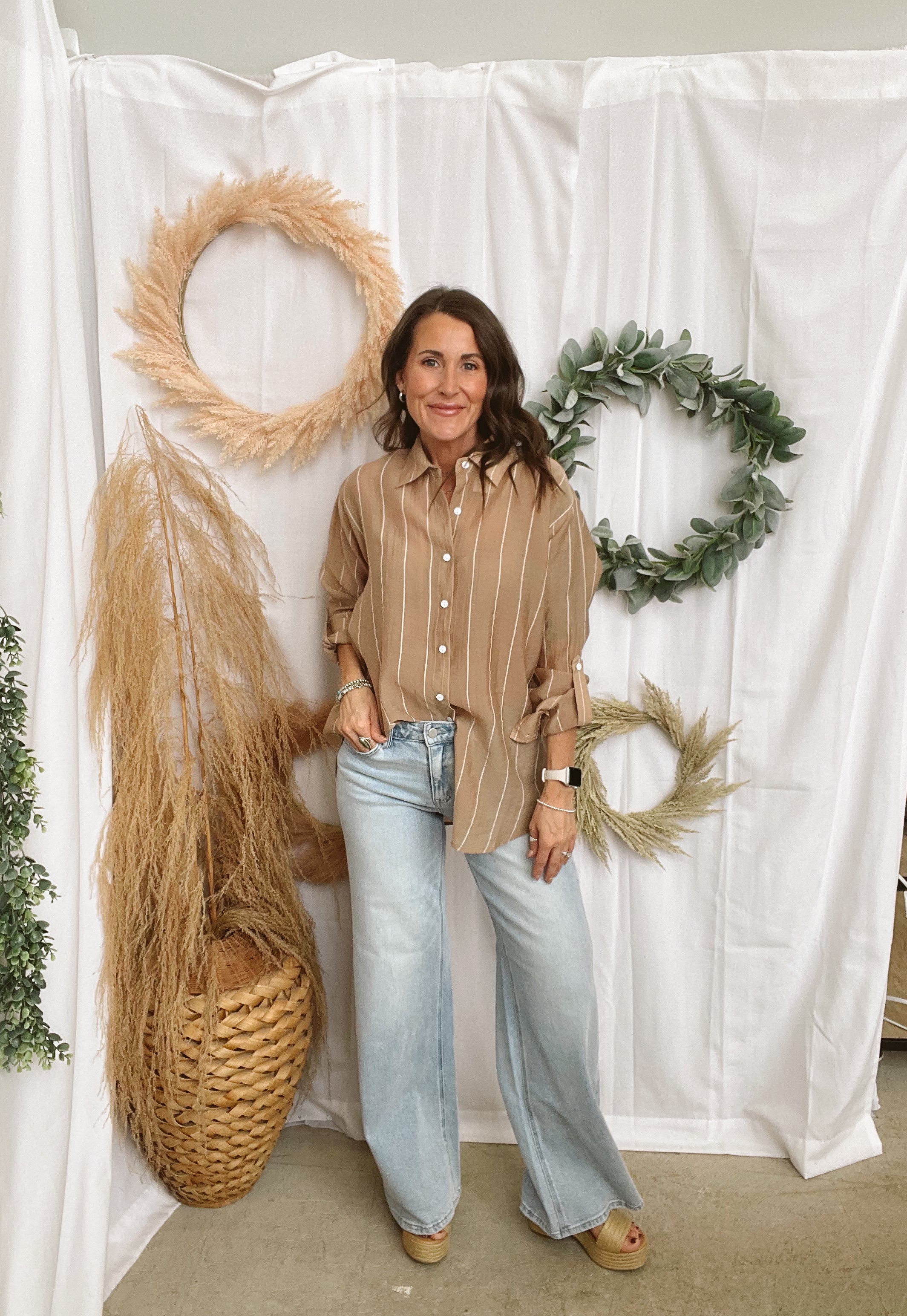 Elan Button Down Tropical Tan Top-Long Sleeve Tops-elan-The Silo Boutique, Women's Fashion Boutique Located in Warren and Grand Forks North Dakota