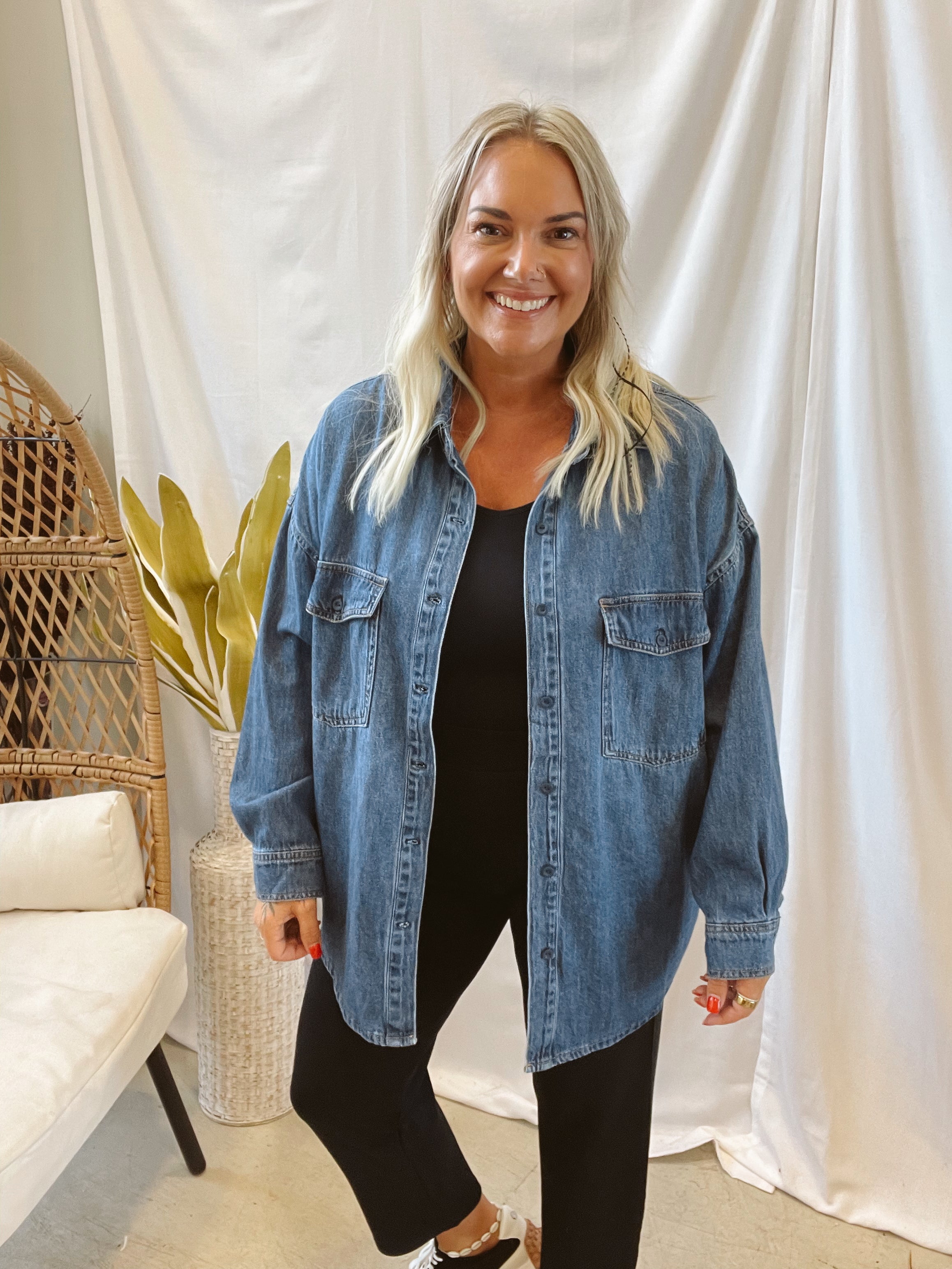 Risen Dark Wash Denim Shirt Jacket-Long Sleeve Tops-risen-The Silo Boutique, Women's Fashion Boutique Located in Warren and Grand Forks North Dakota