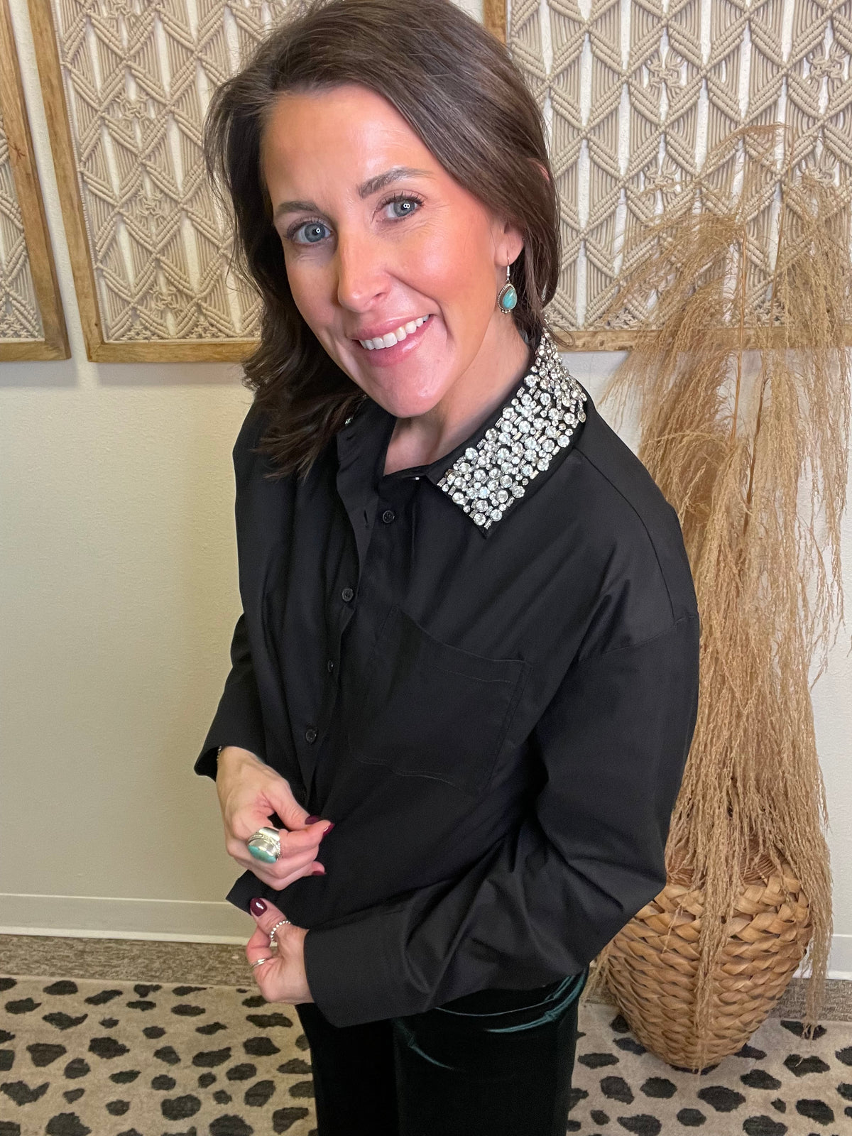 Elan Emily Rhinestone Top-Black-Long Sleeve Tops-elan-The Silo Boutique, Women's Fashion Boutique Located in Warren and Grand Forks North Dakota
