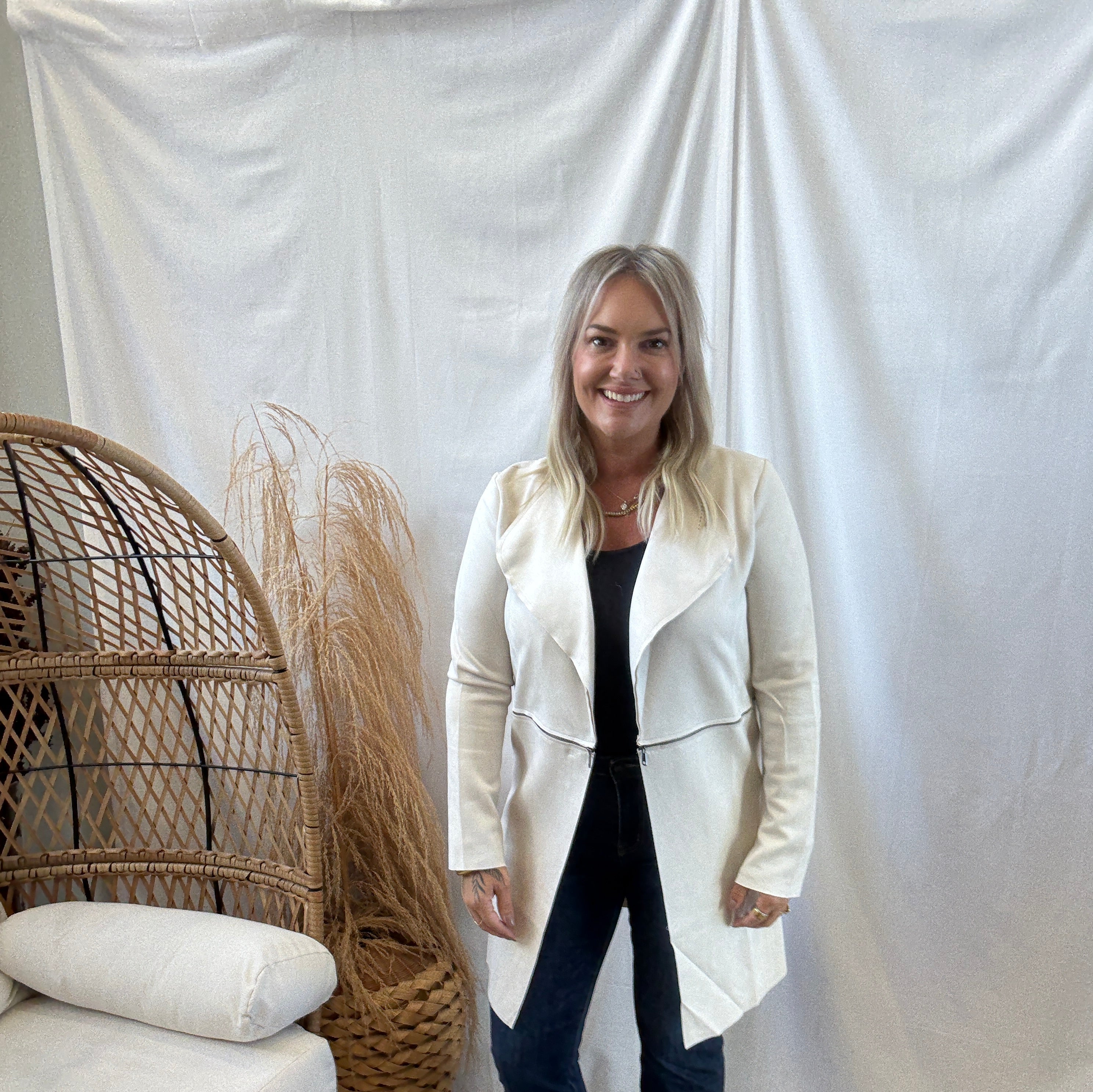 Long Sleeve Suede Jacket-Ecru-Coats & Jackets-active basics-The Silo Boutique, Women's Fashion Boutique Located in Warren and Grand Forks North Dakota