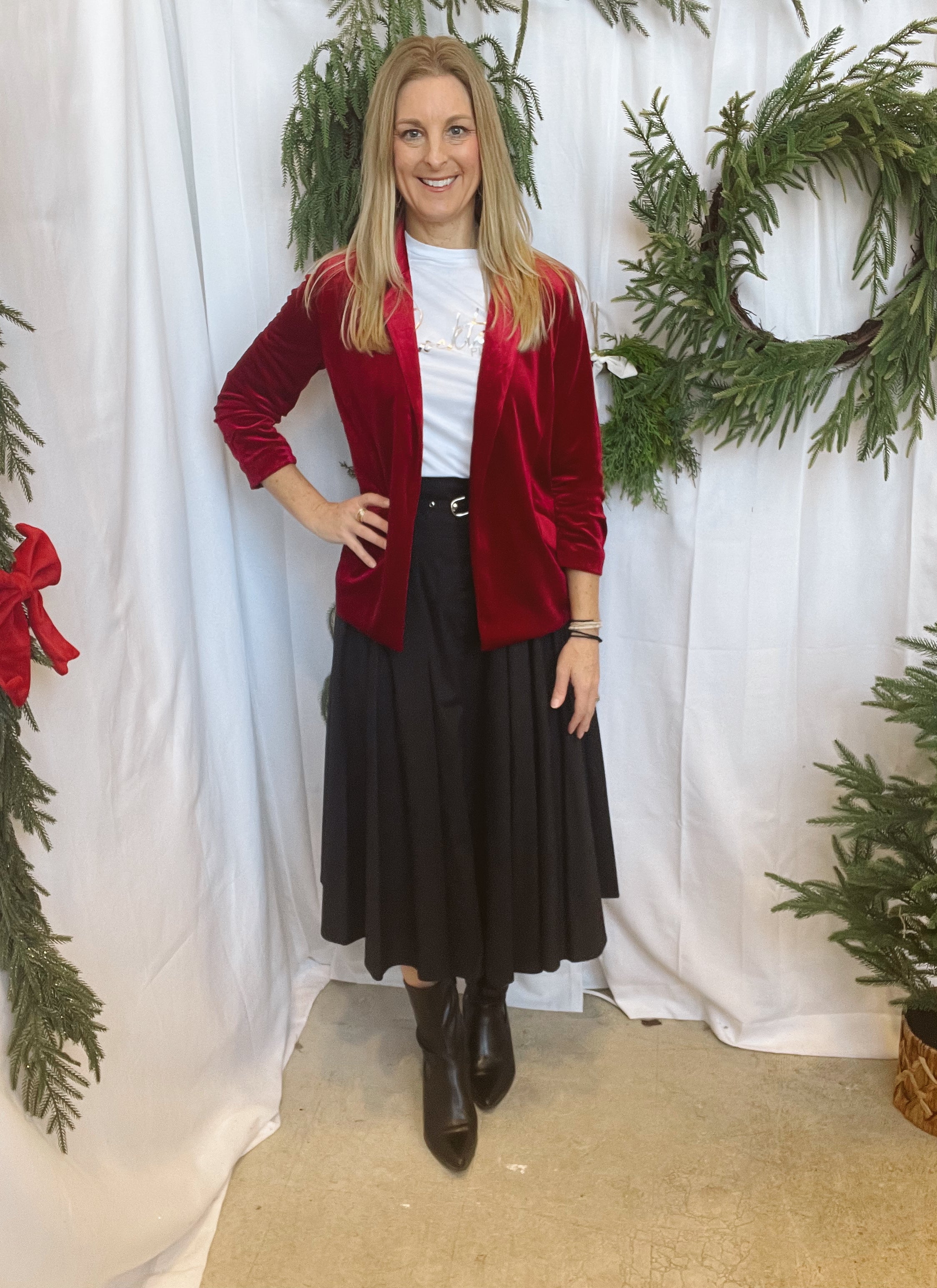 Ruby Red Velvet Blazer-Blazers-skies are blue-The Silo Boutique, Women's Fashion Boutique Located in Warren and Grand Forks North Dakota