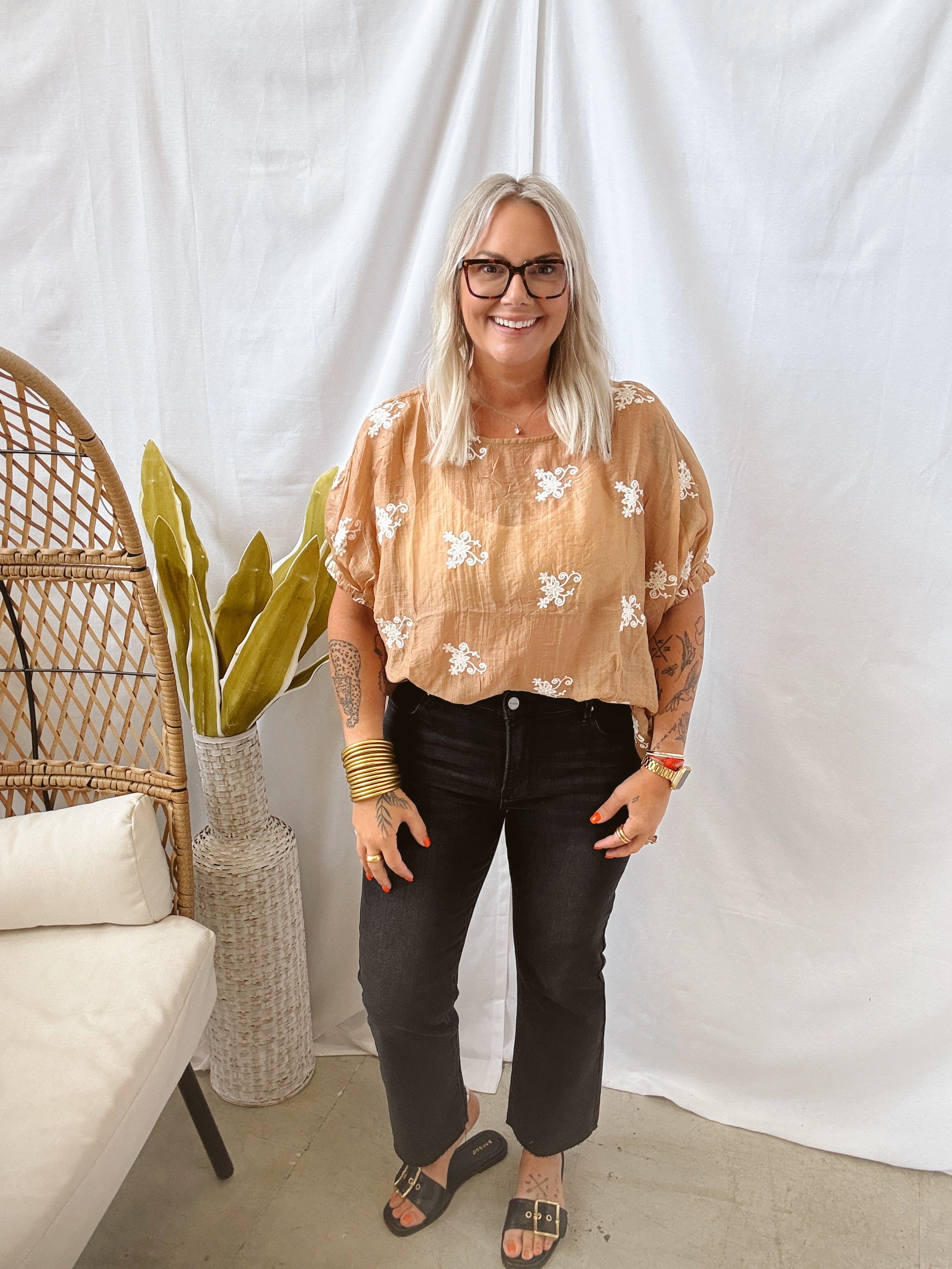 Cappuccino Embroidered Top-Short Sleeve Tops-eesome-The Silo Boutique, Women's Fashion Boutique Located in Warren and Grand Forks North Dakota
