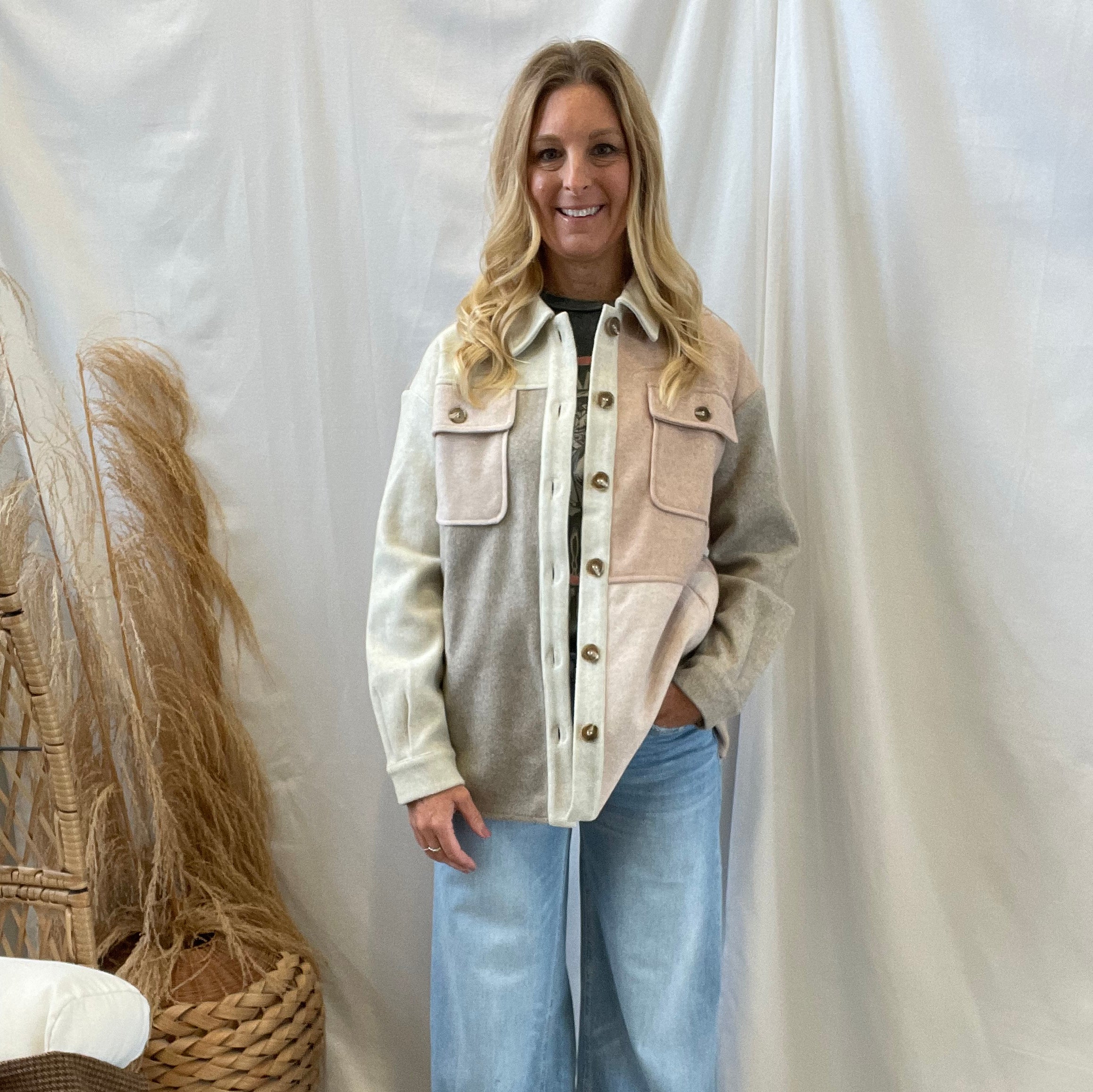 Ivory and Oatmeal Colorblock Shacket-Shackets-hem and thread-The Silo Boutique, Women's Fashion Boutique Located in Warren and Grand Forks North Dakota