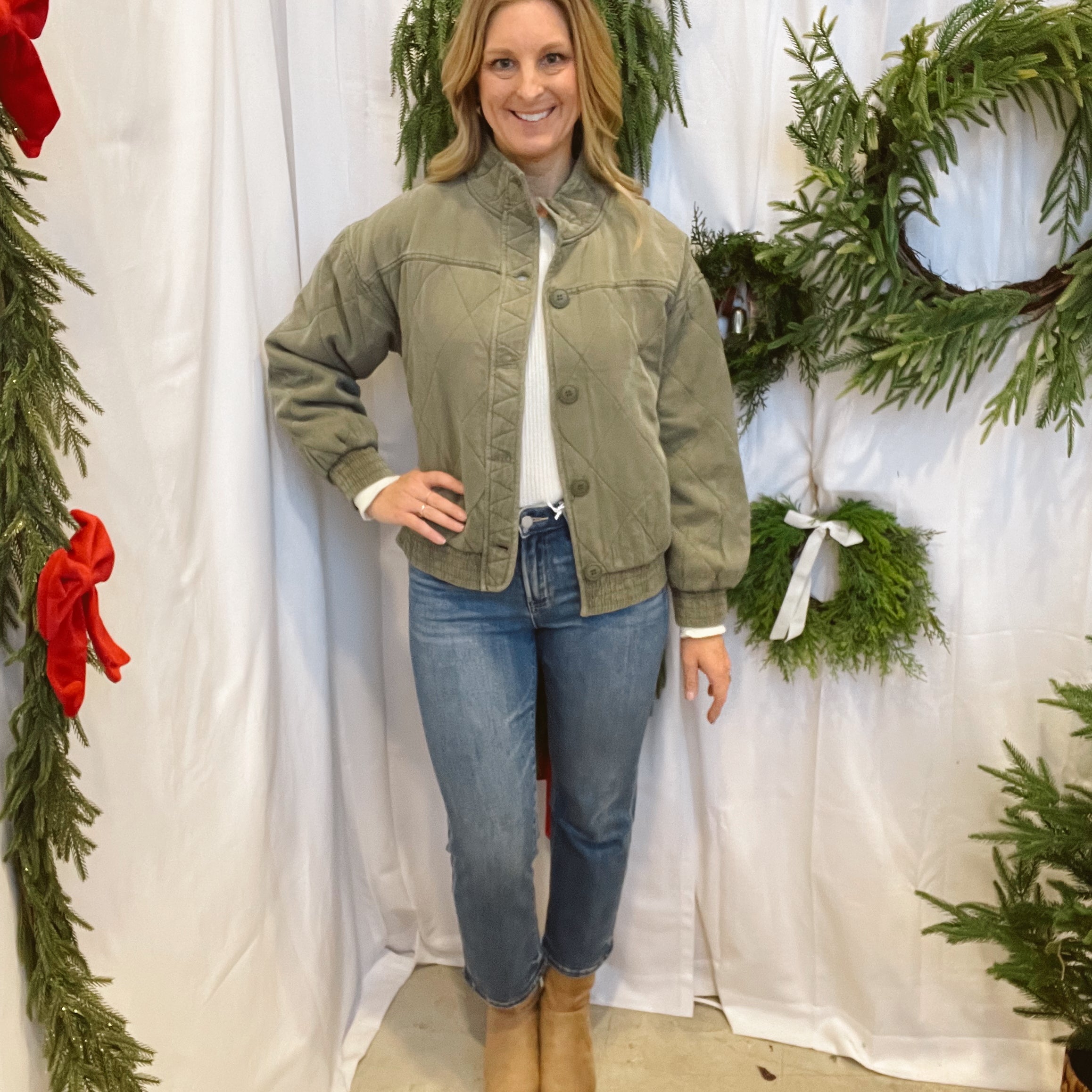 Olive Quilted Jacket-Cardigans-blu pepper-The Silo Boutique, Women's Fashion Boutique Located in Warren and Grand Forks North Dakota
