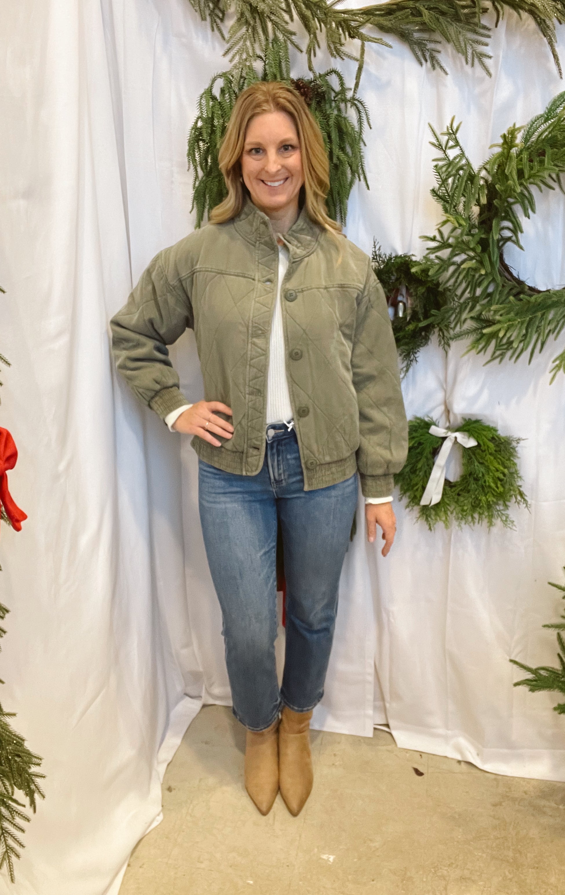 Olive Quilted Jacket-Cardigans-blu pepper-The Silo Boutique, Women's Fashion Boutique Located in Warren and Grand Forks North Dakota