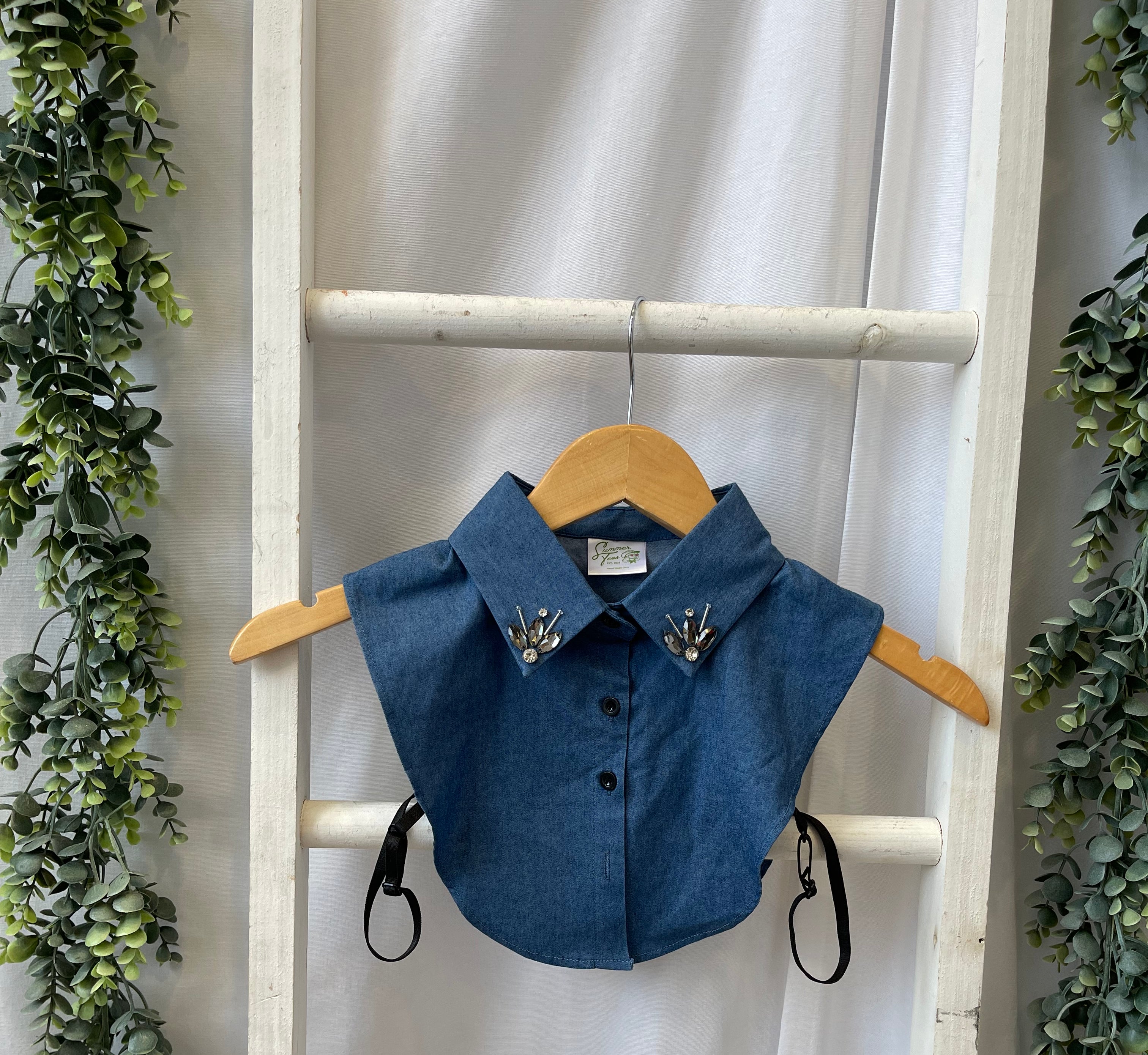 Corporate Collar-Light Denim with Gems-Short Sleeve Tops-Summer Tees-The Silo Boutique, Women's Fashion Boutique Located in Warren and Grand Forks North Dakota