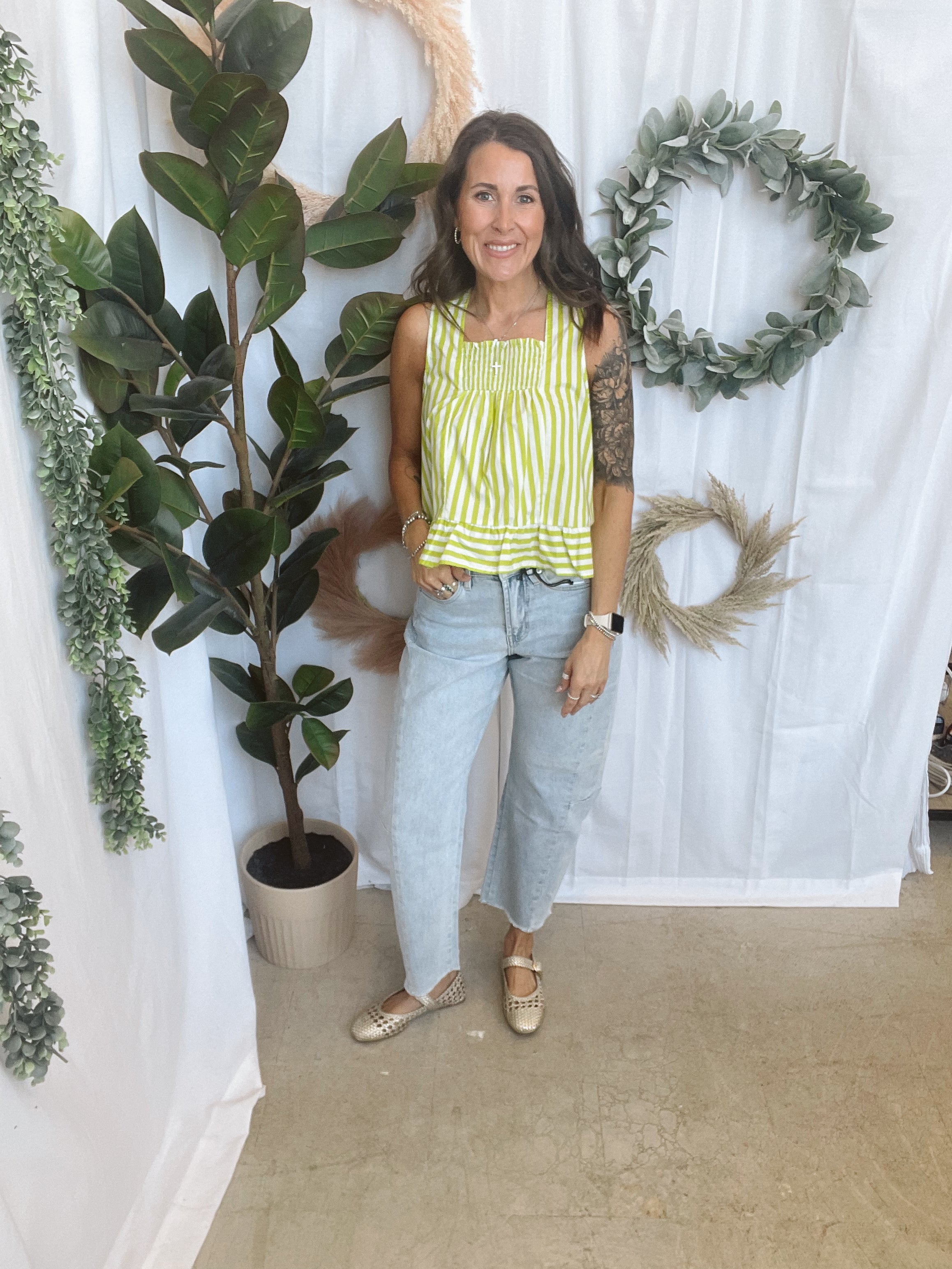 Lime Peplum Striped Tank Top-Tank Tops-ENTRO-The Silo Boutique, Women's Fashion Boutique Located in Warren and Grand Forks North Dakota