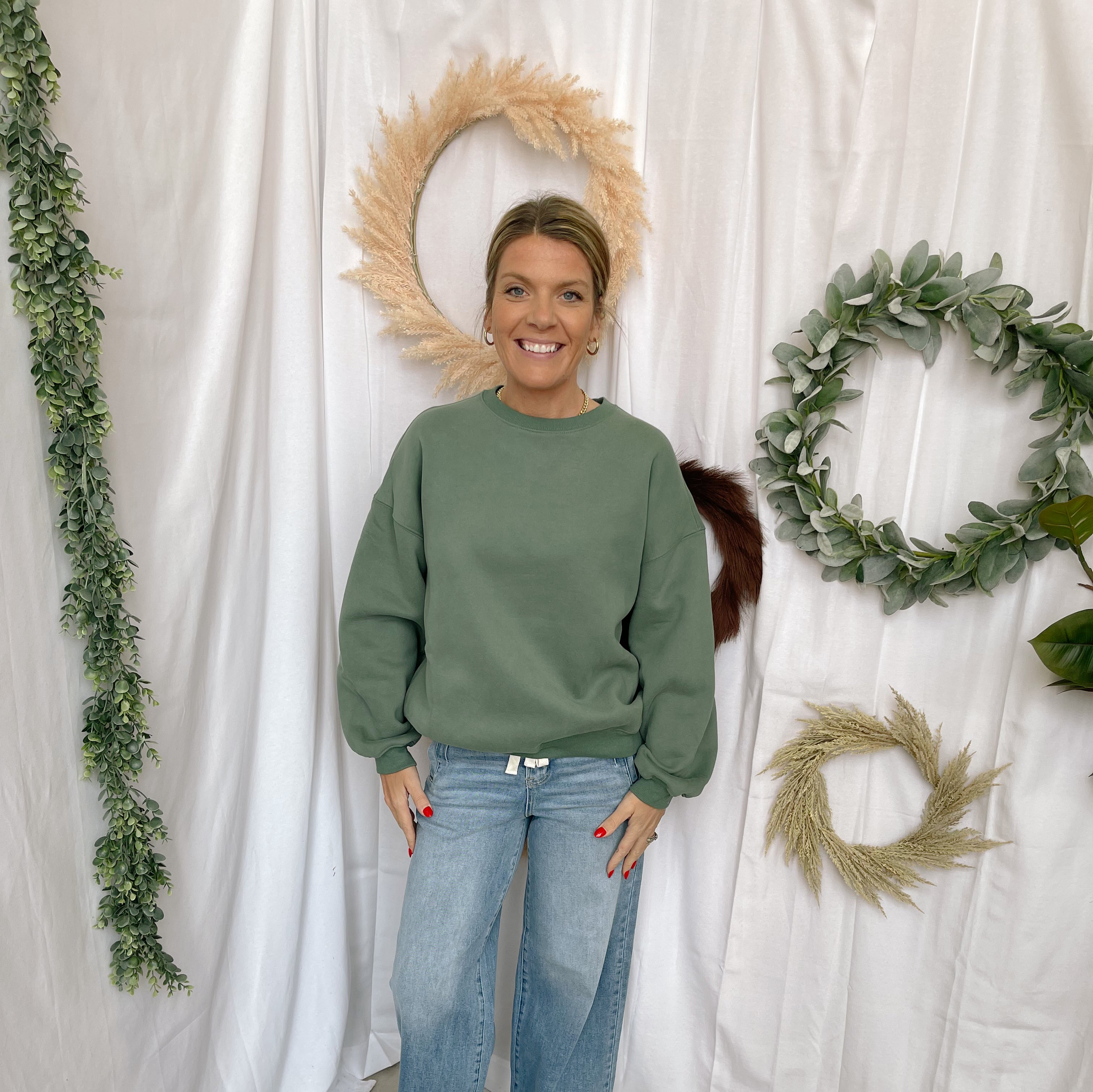 Varsity Crew Sweatshirt-Pine Green-Sweatshirts-tictoc-The Silo Boutique, Women's Fashion Boutique Located in Warren and Grand Forks North Dakota