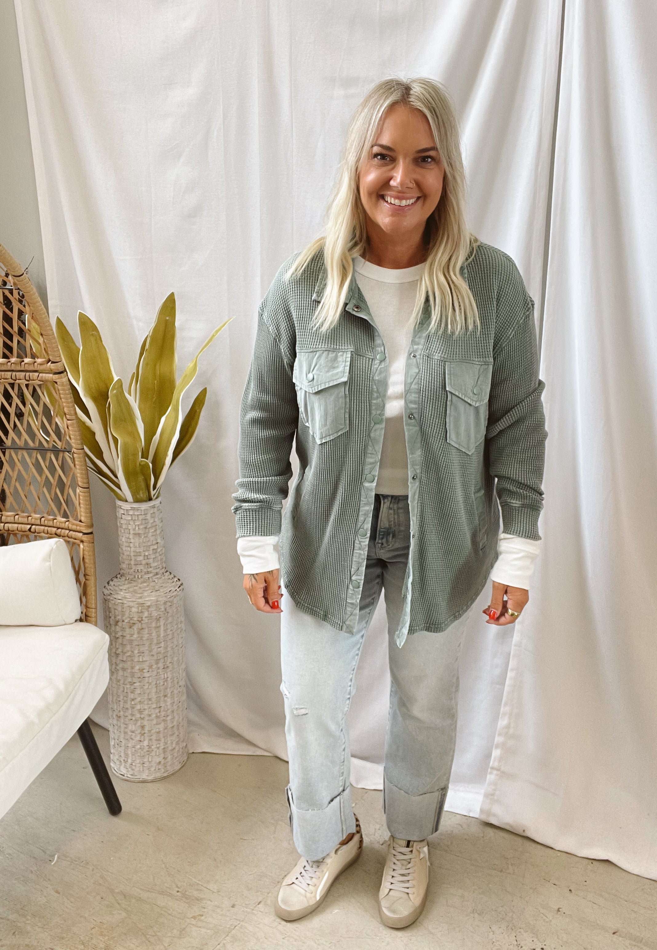 Waffle Knit Button Down Top-Pine-Coats & Jackets-mono b-The Silo Boutique, Women's Fashion Boutique Located in Warren and Grand Forks North Dakota