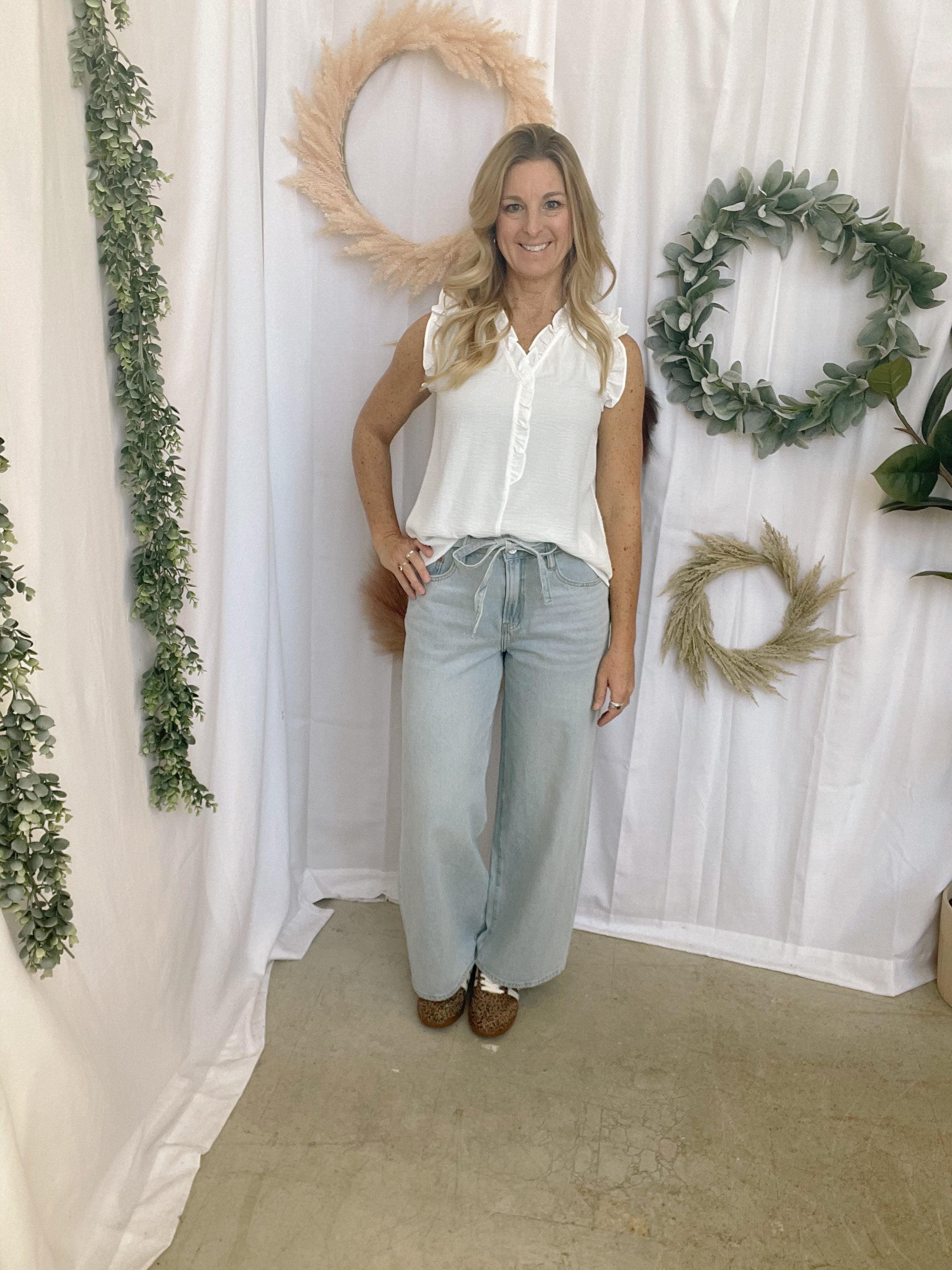 Frilled Split Neck Top-White-Tank Tops-staccato-The Silo Boutique, Women's Fashion Boutique Located in Warren and Grand Forks North Dakota