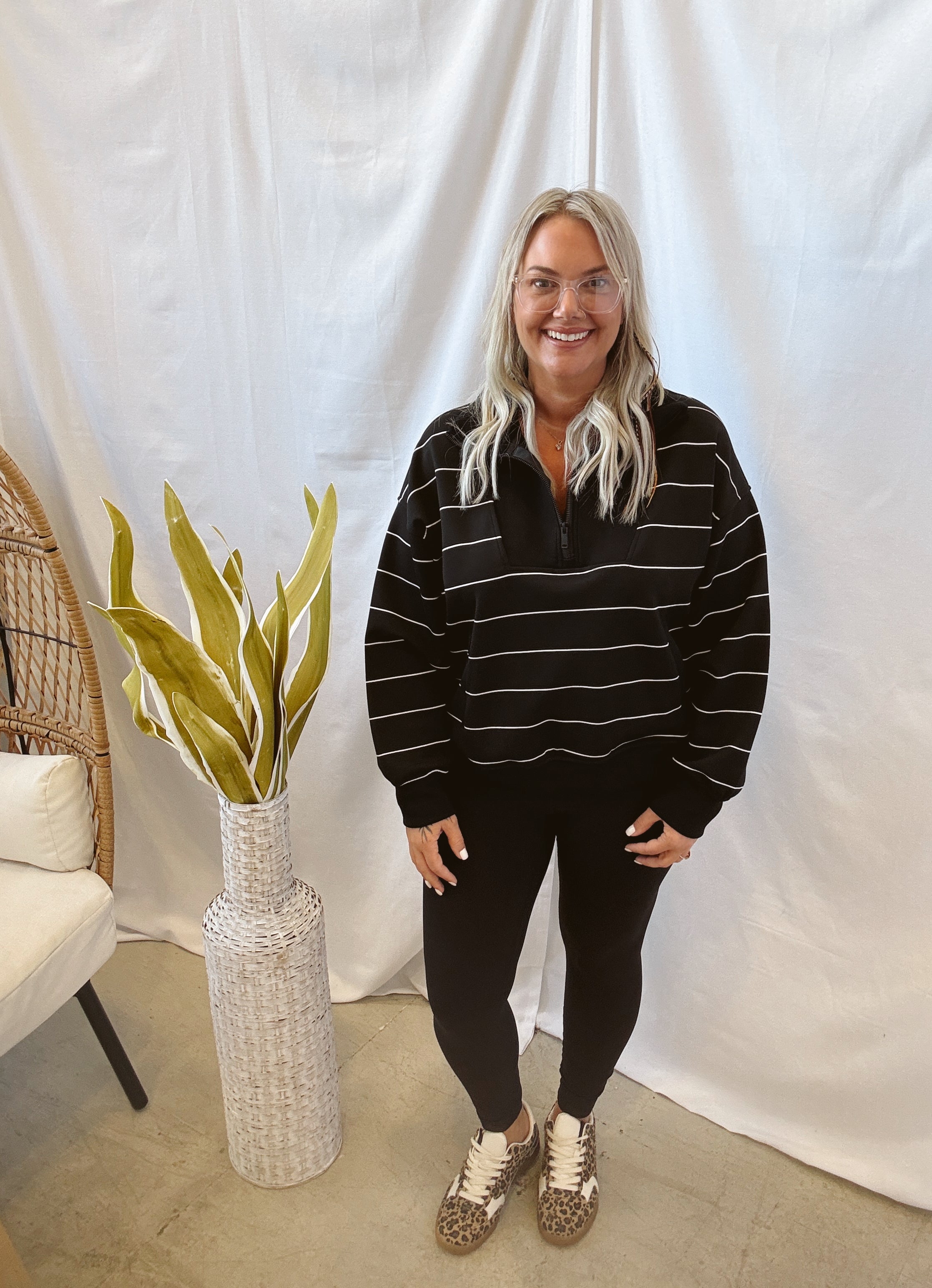 Rae Black with Cream Stripe Pullover Sweatshirt-Sweatshirts-rae mode-The Silo Boutique, Women's Fashion Boutique Located in Warren and Grand Forks North Dakota