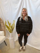 Rae Black with Cream Stripe Pullover Sweatshirt-Sweatshirts-rae mode-The Silo Boutique, Women's Fashion Boutique Located in Warren and Grand Forks North Dakota
