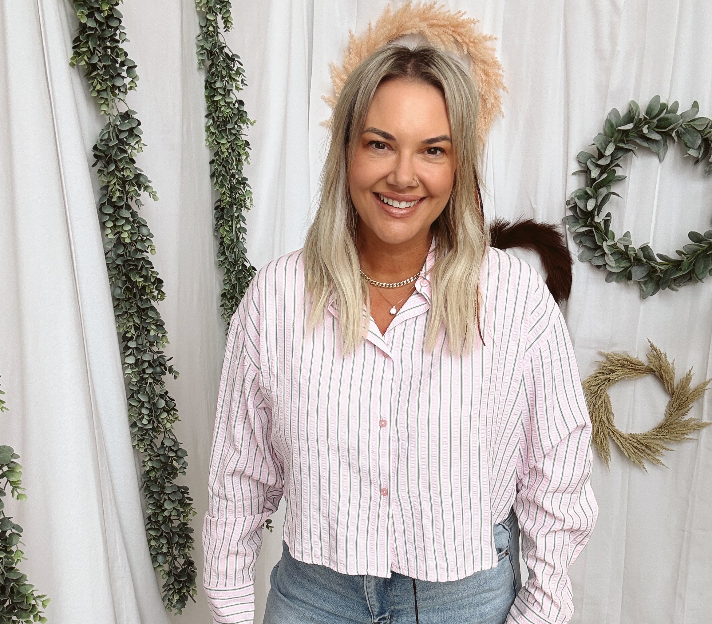 Pinstripe Crop Button Down Top-Long Sleeve Tops-curds-The Silo Boutique, Women's Fashion Boutique Located in Warren and Grand Forks North Dakota