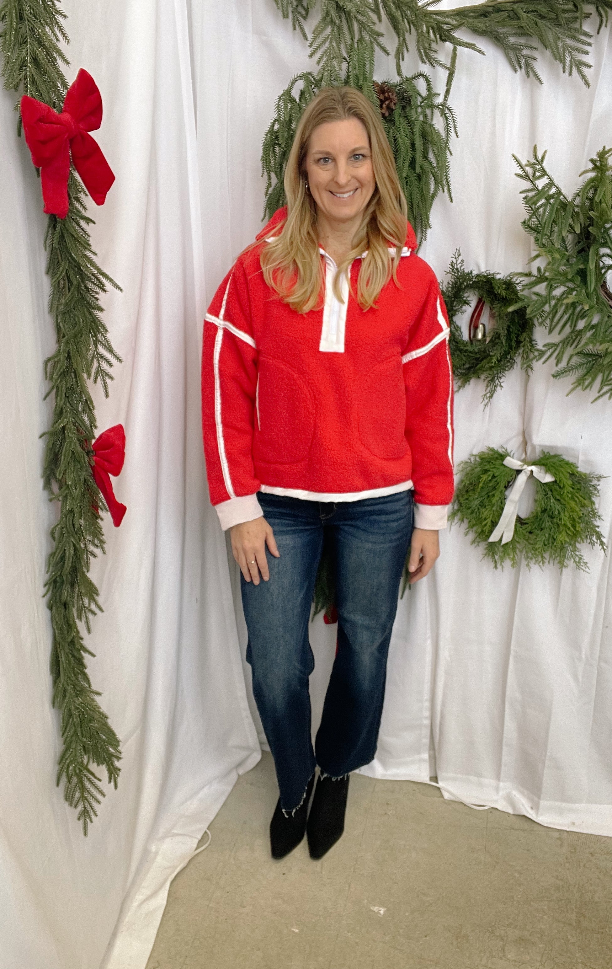 Aspen Sherpa Quarter Zip-Red-Sweatshirts-salty waves-The Silo Boutique, Women's Fashion Boutique Located in Warren and Grand Forks North Dakota