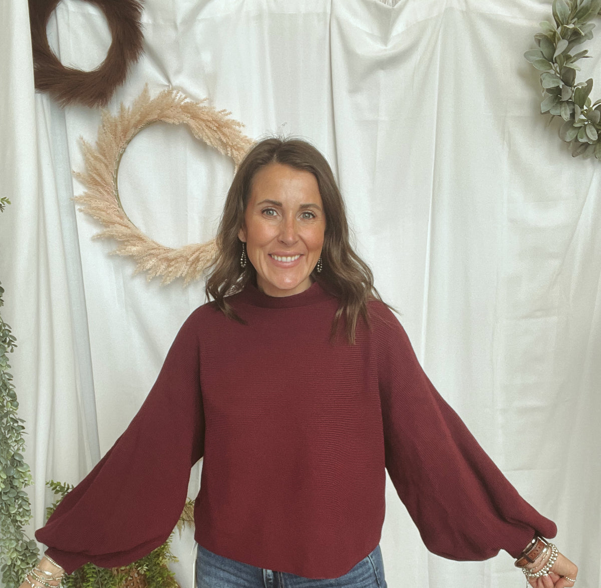Malia Mock Neck Sweater-Burgundy-Sweaters-ENTRO-The Silo Boutique, Women's Fashion Boutique Located in Warren and Grand Forks North Dakota
