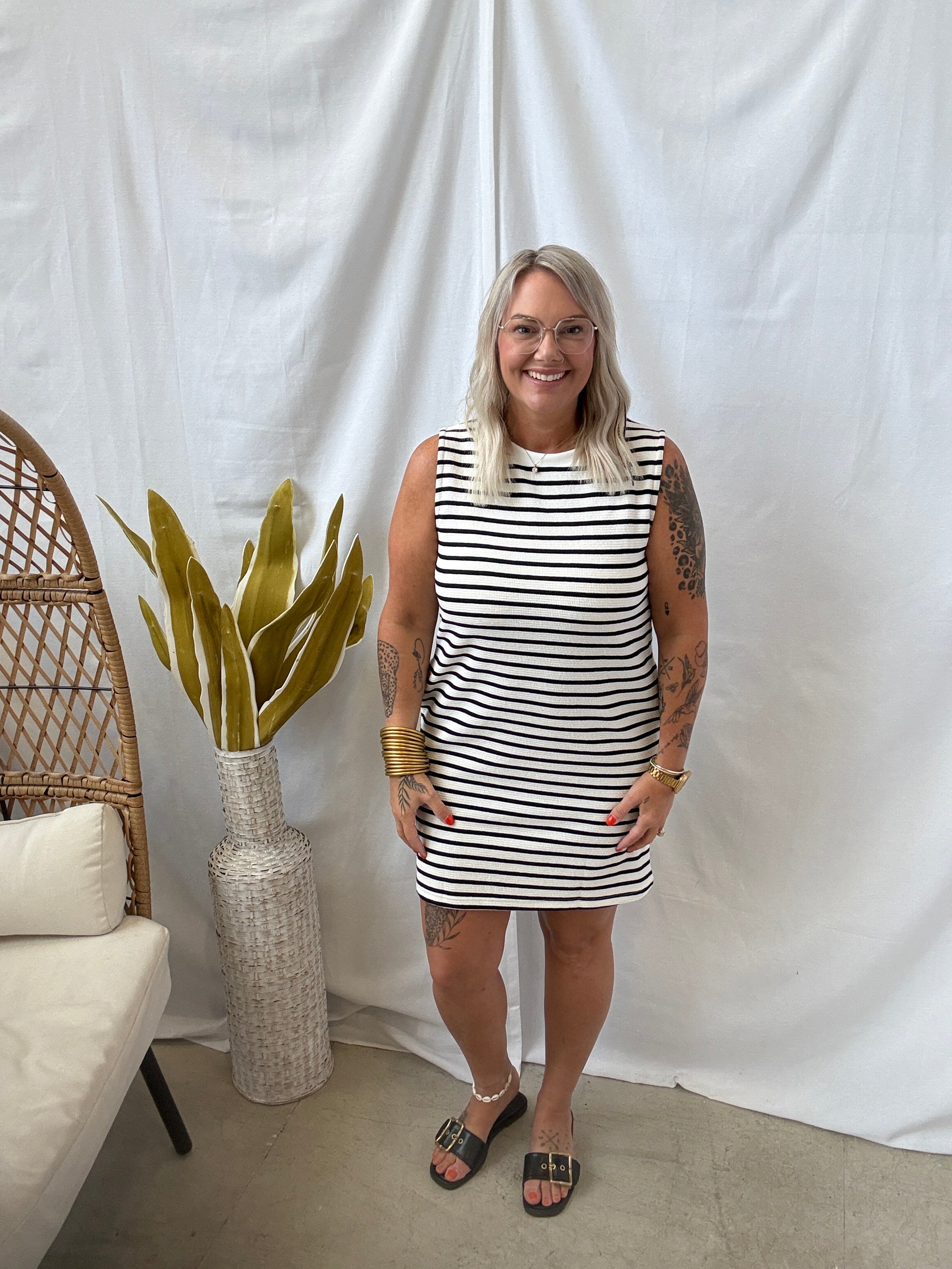 Black and White Striped Crew Tank Dress-Dresses-staccato-The Silo Boutique, Women's Fashion Boutique Located in Warren and Grand Forks North Dakota