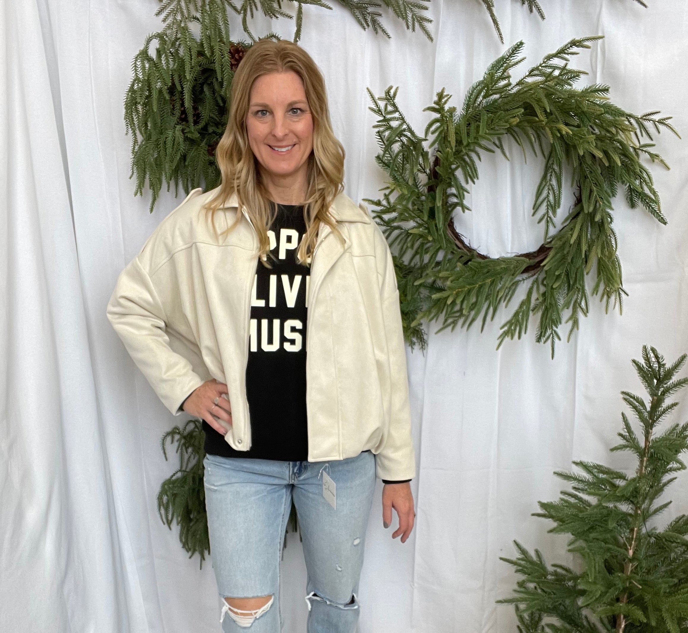 Cream Suede Bomber Jacket-Coats & Jackets-faire-The Silo Boutique, Women's Fashion Boutique Located in Warren and Grand Forks North Dakota