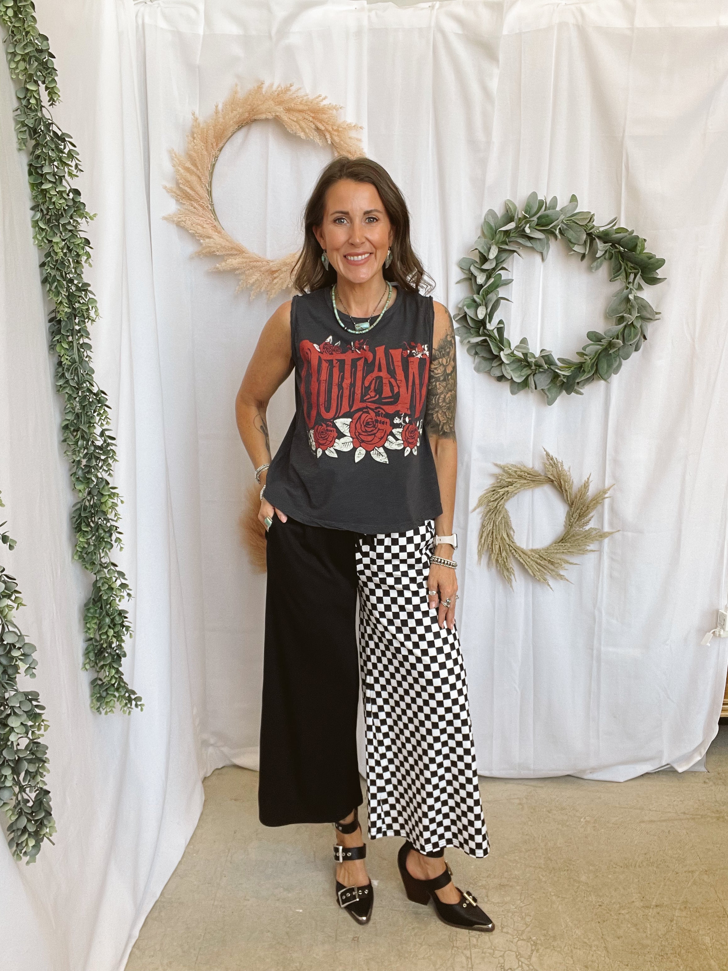 Half and Half Chaos Black and White Check Pants-sweatpants-burnt toast-The Silo Boutique, Women's Fashion Boutique Located in Warren and Grand Forks North Dakota