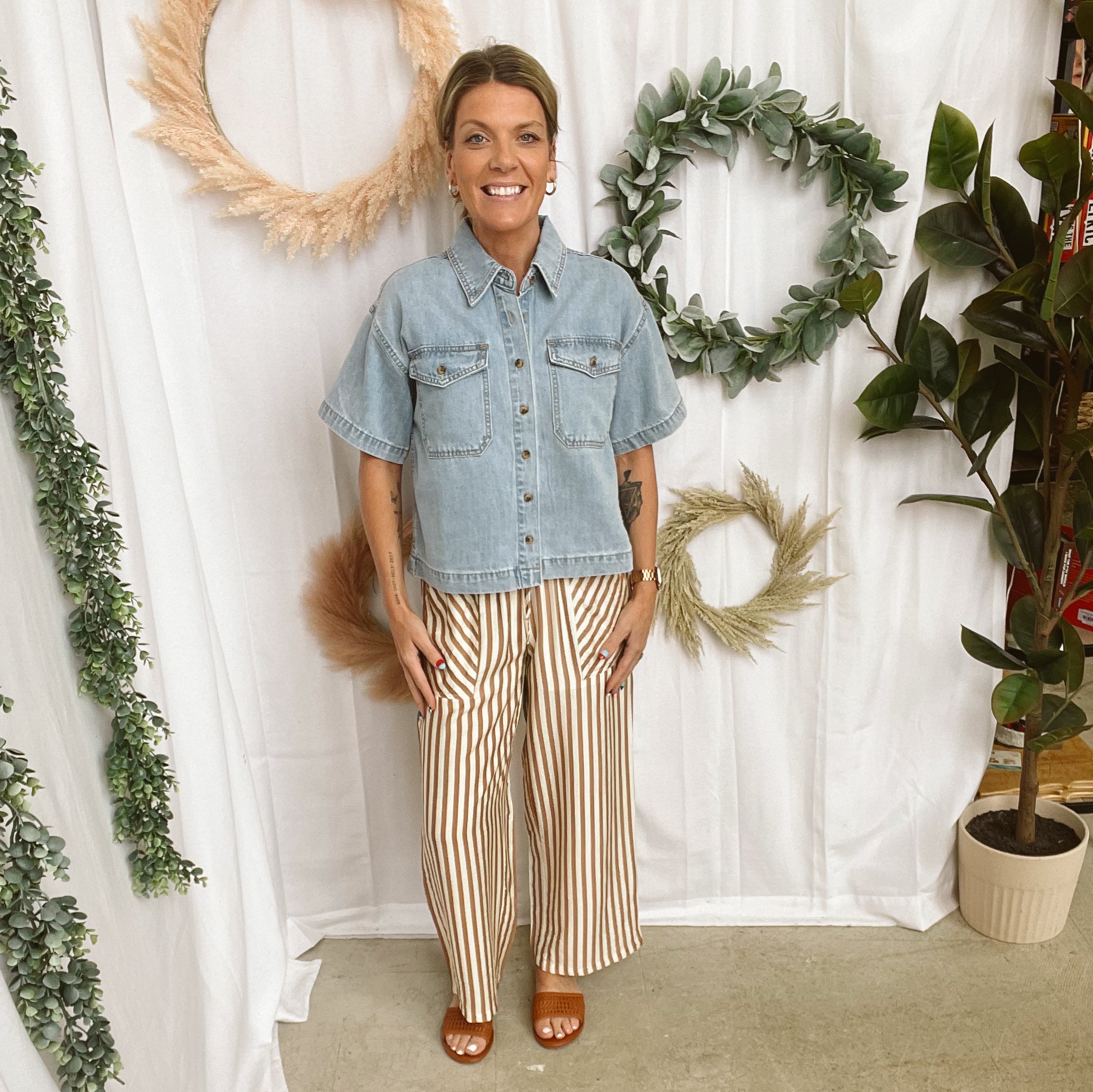 Whitney Denim Button Up Shirt-Short Sleeve Tops-wishlist-The Silo Boutique, Women's Fashion Boutique Located in Warren and Grand Forks North Dakota