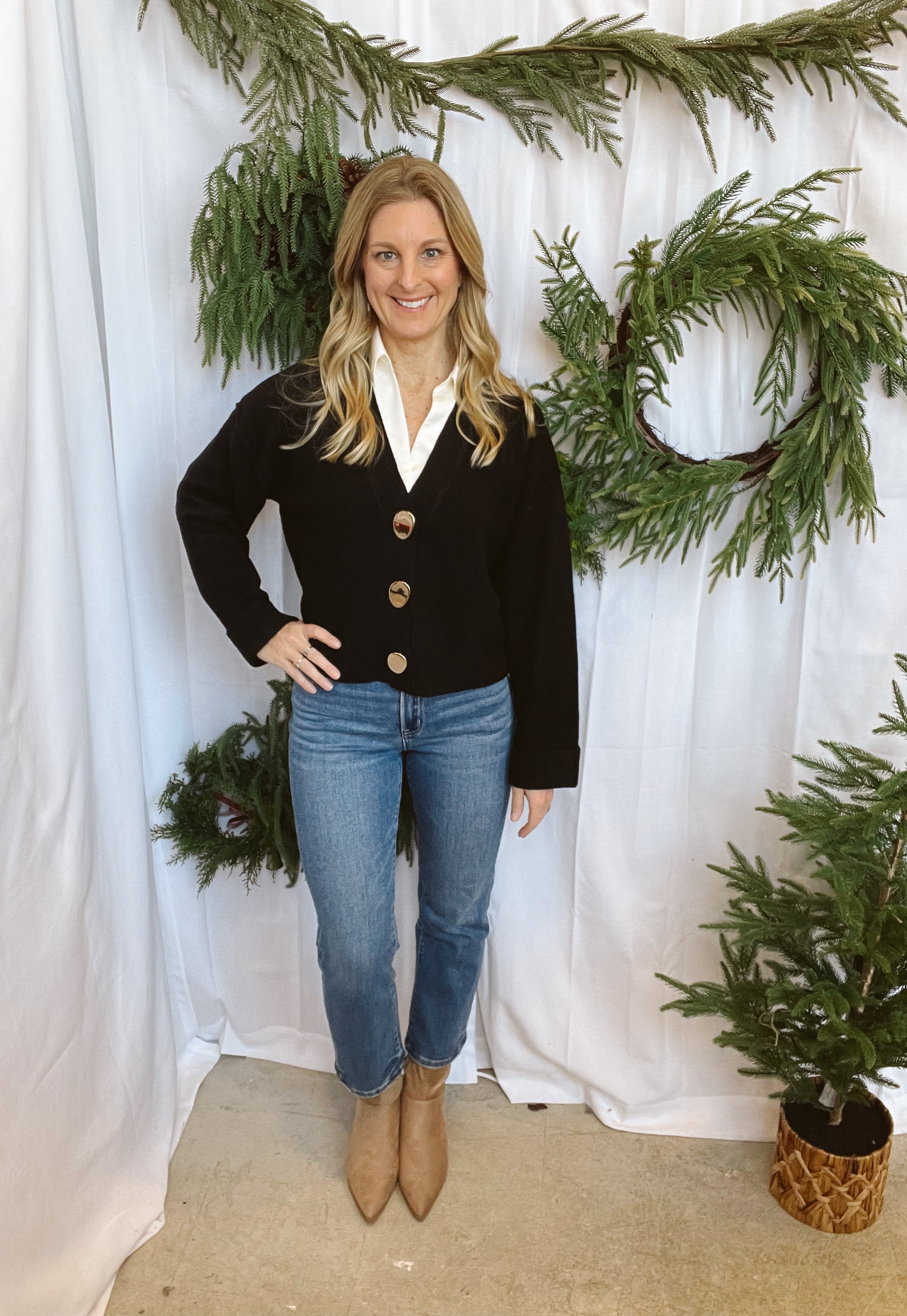 Gold Button Sweater Cardigan-Black-Cardigans-she and sky-The Silo Boutique, Women's Fashion Boutique Located in Warren and Grand Forks North Dakota