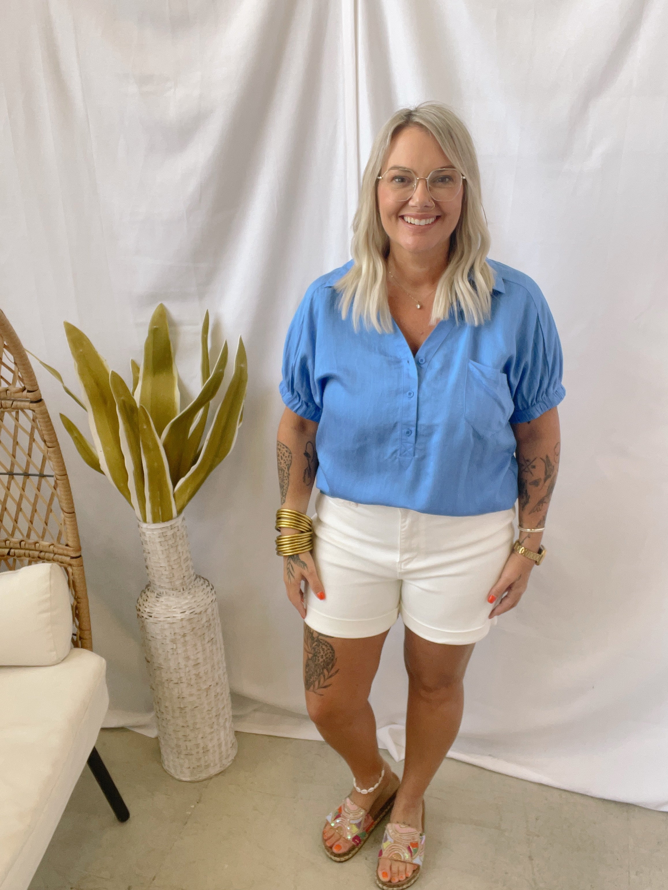 Crinkle Collared V Neck Top-Blue-Short Sleeve Tops-staccato-The Silo Boutique, Women's Fashion Boutique Located in Warren and Grand Forks North Dakota