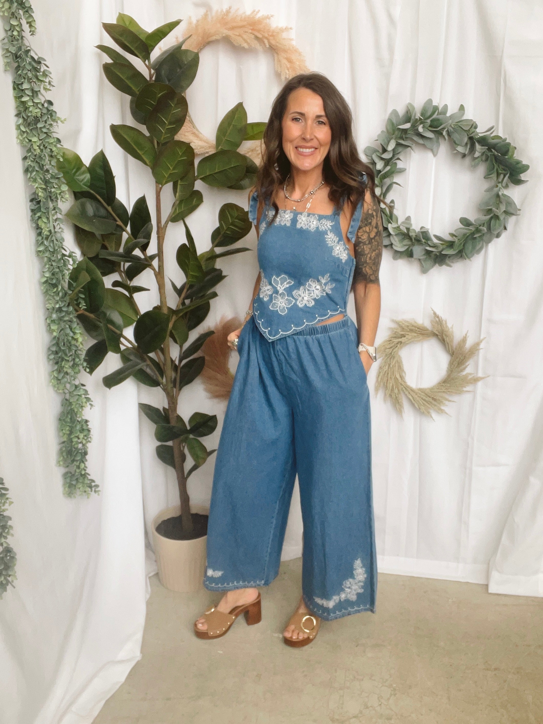 Denim Floral Jumpsuit-Jumpsuits & Rompers-peach love-The Silo Boutique, Women's Fashion Boutique Located in Warren and Grand Forks North Dakota
