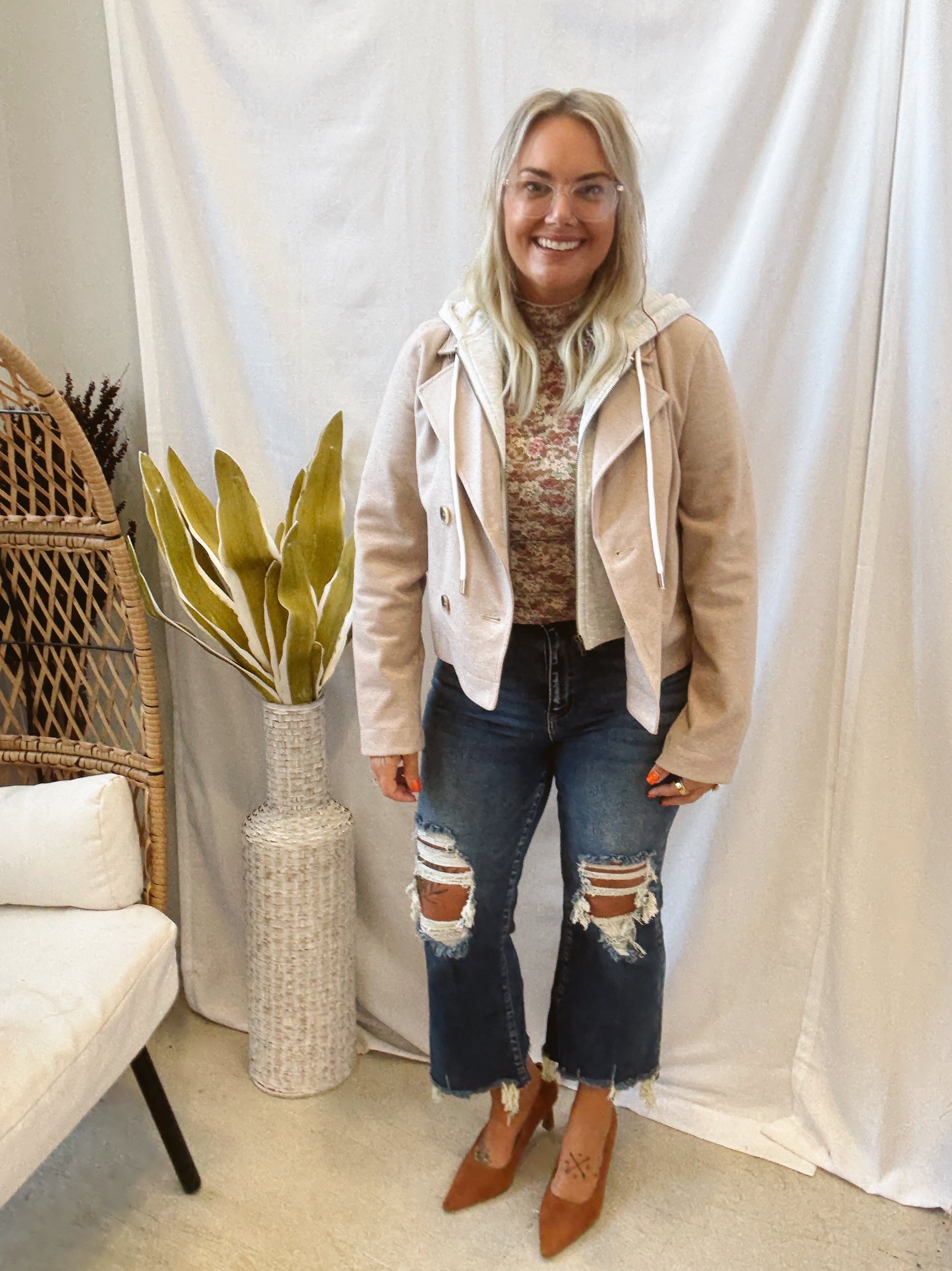 Twofer Hooded Jacket-Taupe-Coats & Jackets-hem and thread-The Silo Boutique, Women's Fashion Boutique Located in Warren and Grand Forks North Dakota