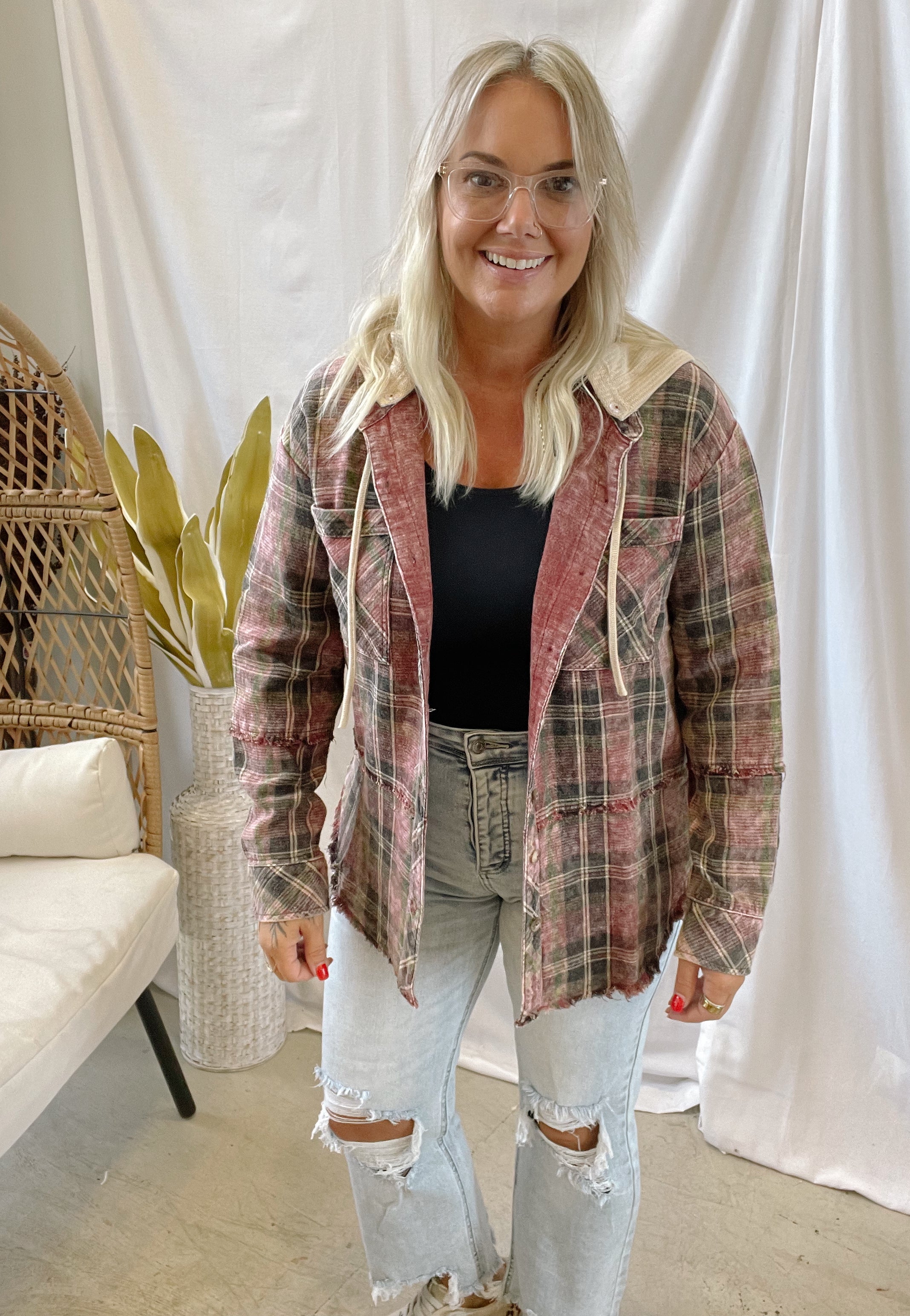Washed Merlot Plaid Hooded Shacket-Blazers-mystree-The Silo Boutique, Women's Fashion Boutique Located in Warren and Grand Forks North Dakota