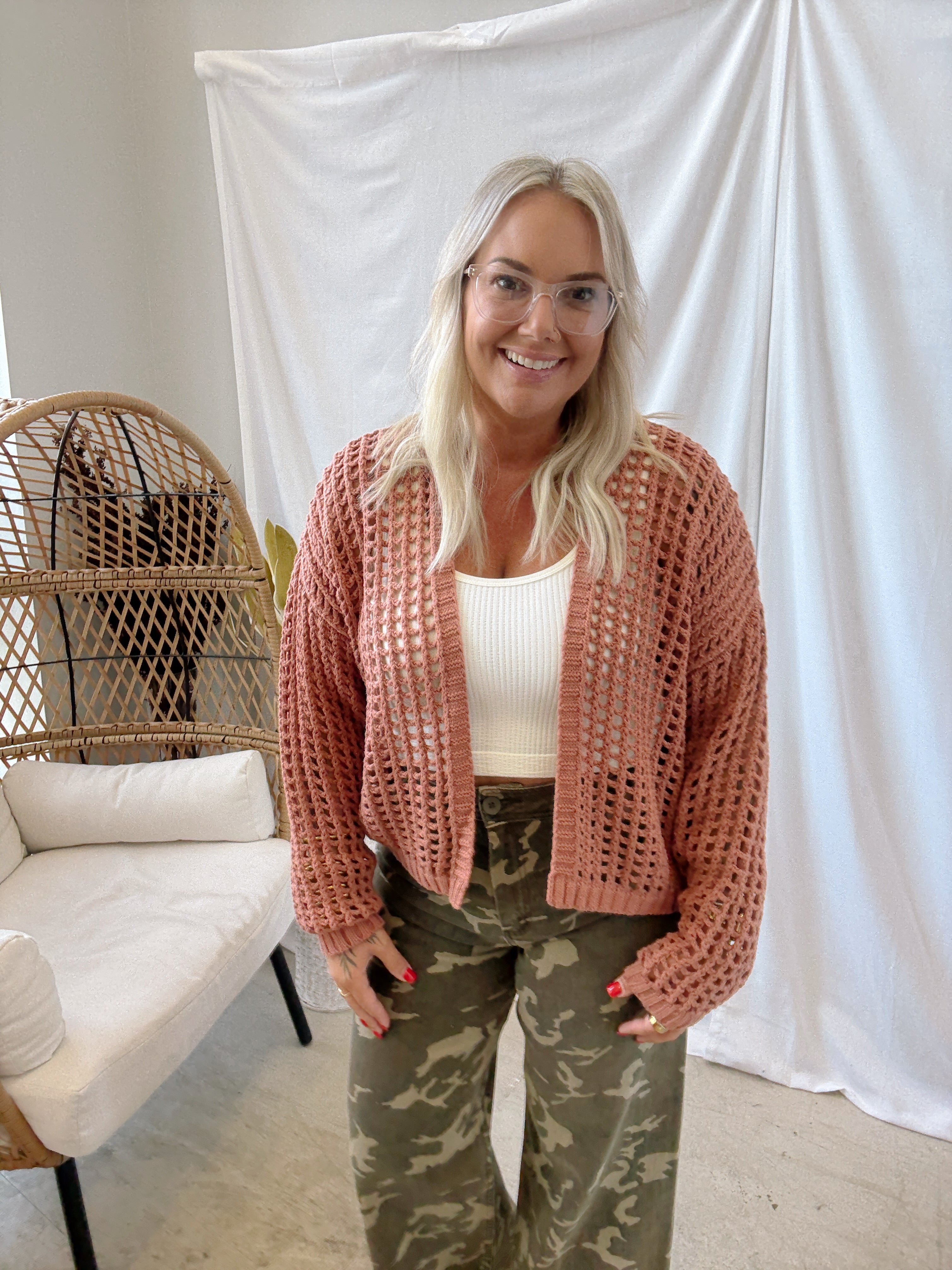 Rae Crochet Open Cardigan-Clay-Cardigans-Doe and Rae-The Silo Boutique, Women's Fashion Boutique Located in Warren and Grand Forks North Dakota