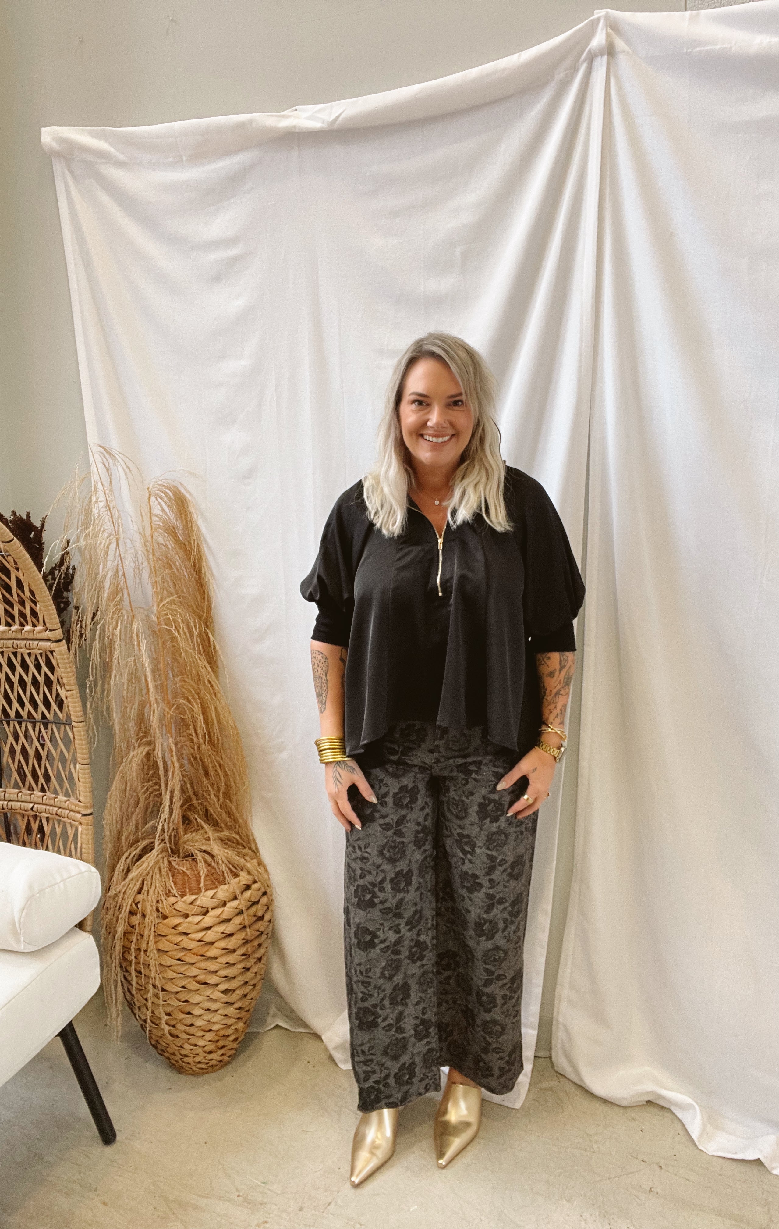 Glam Quarter Zip Satin Top-Black-Short Sleeve Tops-glam-The Silo Boutique, Women's Fashion Boutique Located in Warren and Grand Forks North Dakota