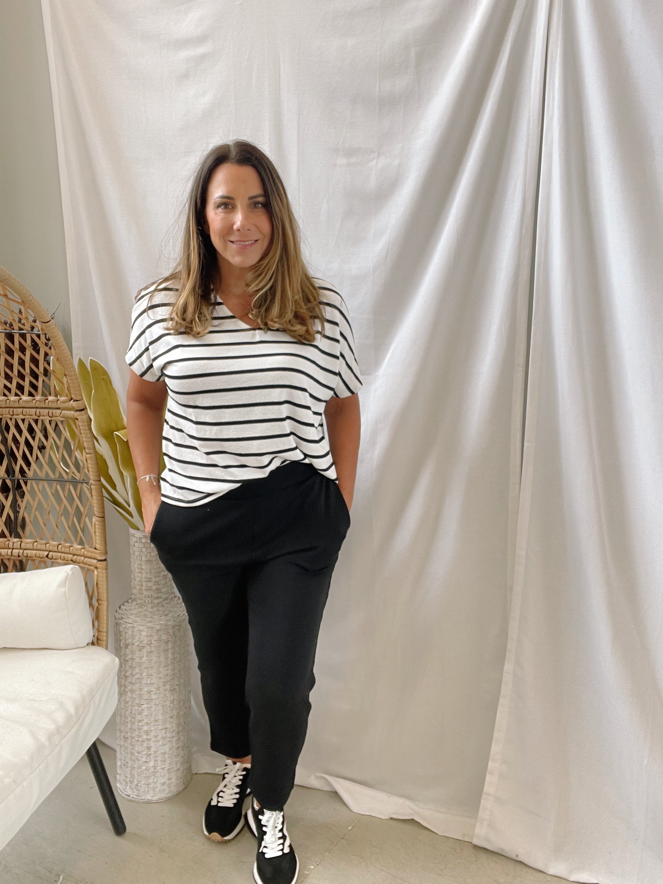 Playful Striped Top-Black White-Short Sleeve Tops-wishlist-The Silo Boutique, Women's Fashion Boutique Located in Warren and Grand Forks North Dakota