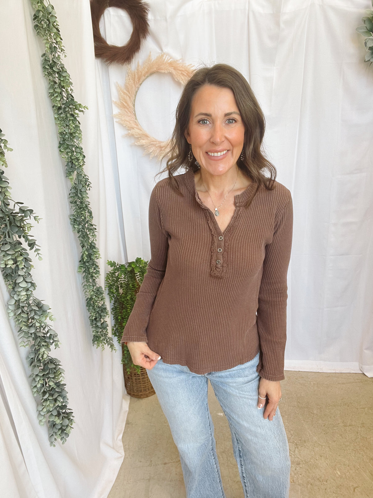 Clara Henley Top-Brown-Long Sleeve Tops-hyfve-The Silo Boutique, Women's Fashion Boutique Located in Warren and Grand Forks North Dakota