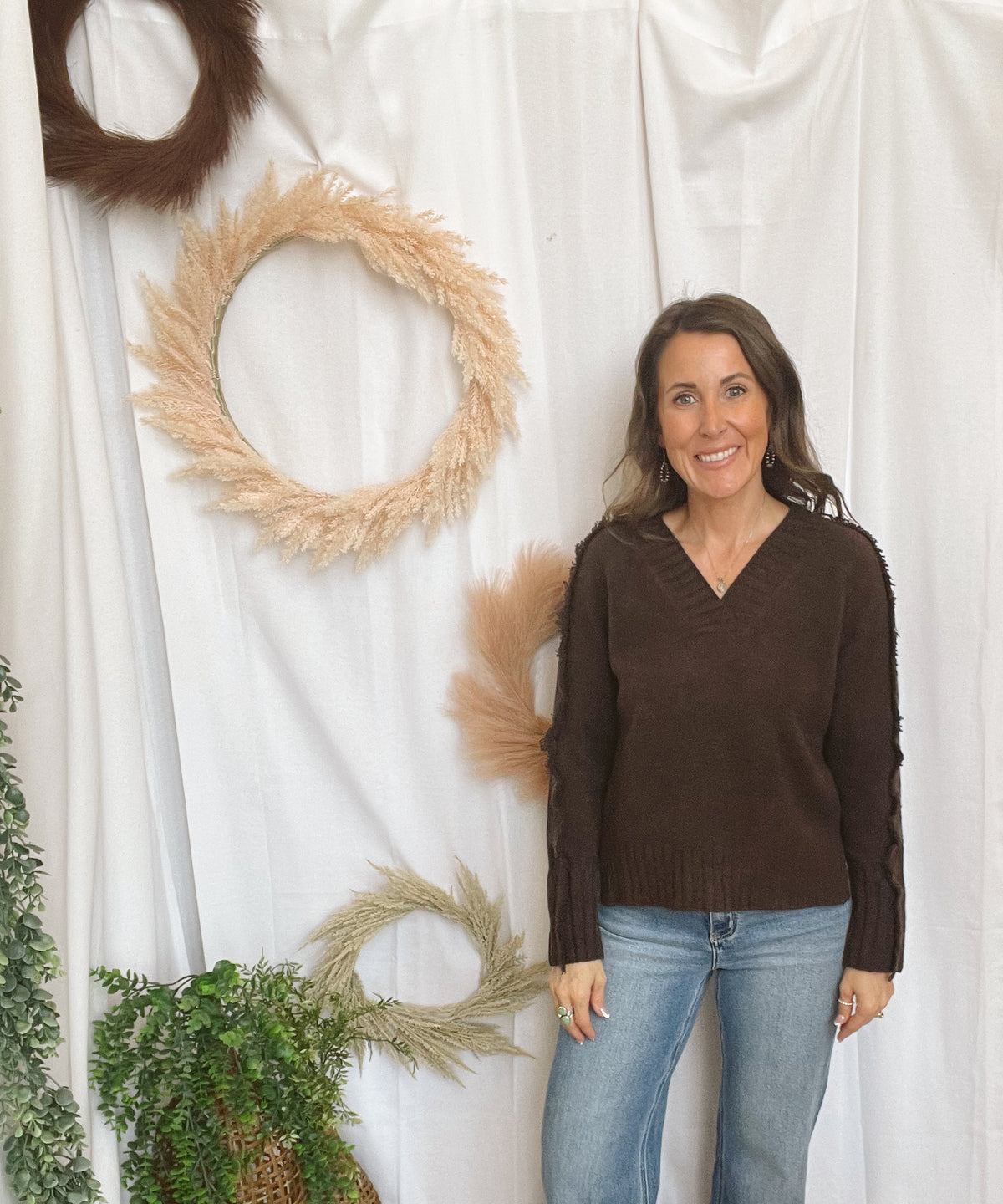Elan Falling V Neck Sweater-Brown-Sweaters-elan-The Silo Boutique, Women's Fashion Boutique Located in Warren and Grand Forks North Dakota