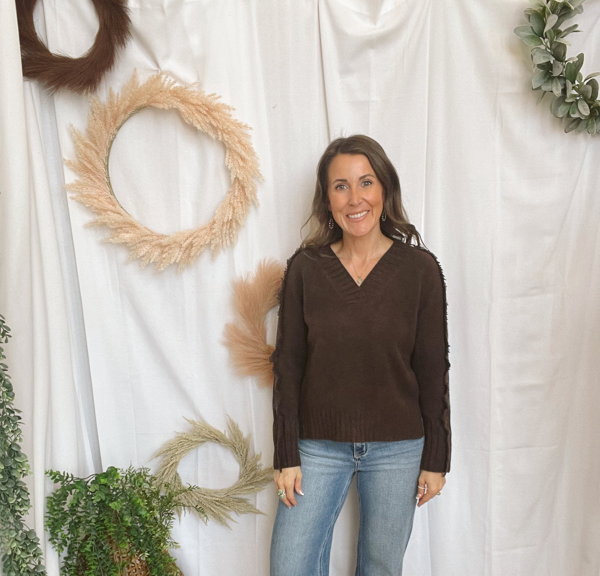 Elan Falling V Neck Sweater-Brown-Sweaters-elan-The Silo Boutique, Women's Fashion Boutique Located in Warren and Grand Forks North Dakota