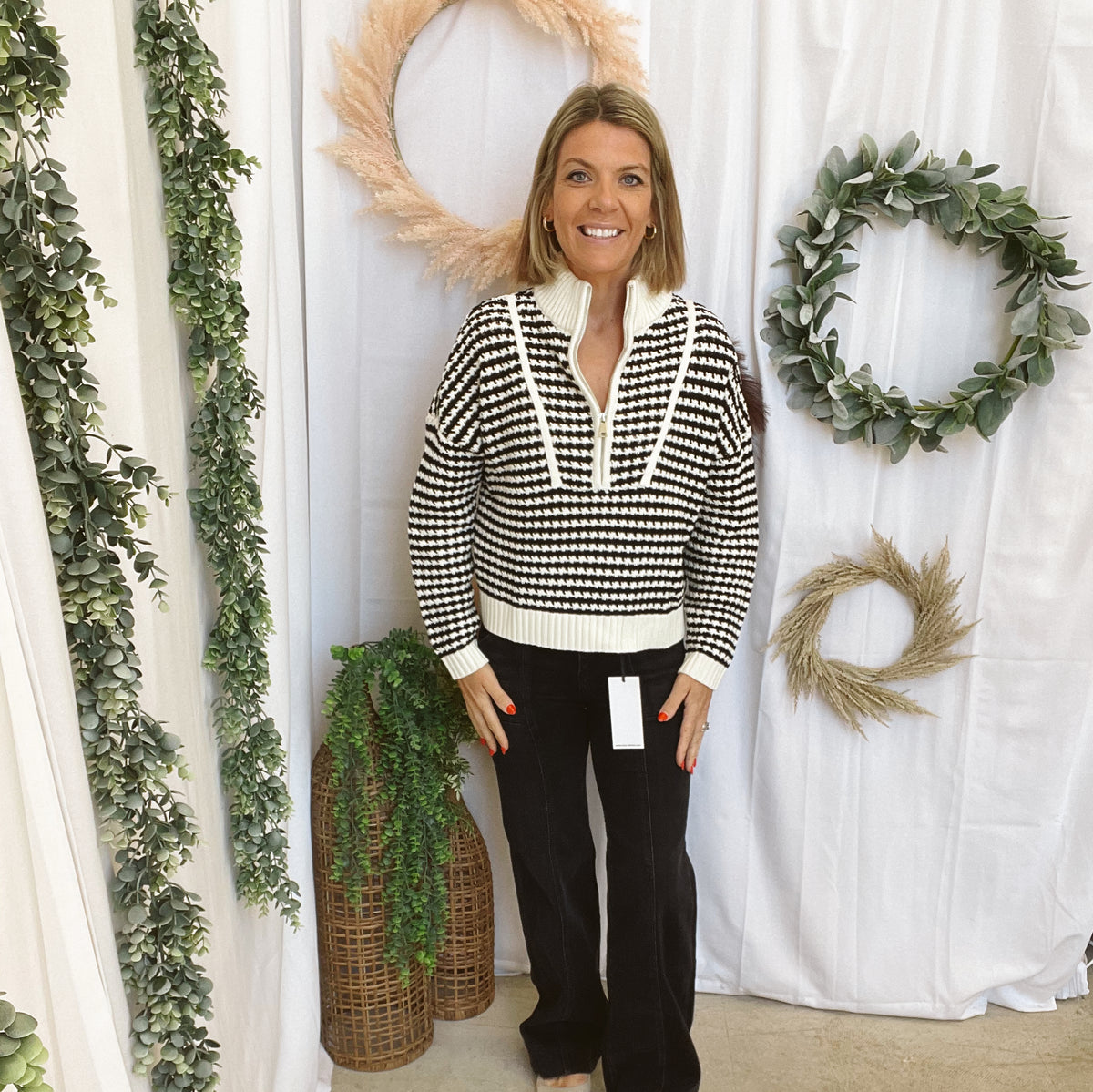 Elan Quarter Zip Stripe Sweater-Black-Sweaters-elan-The Silo Boutique, Women's Fashion Boutique Located in Warren and Grand Forks North Dakota