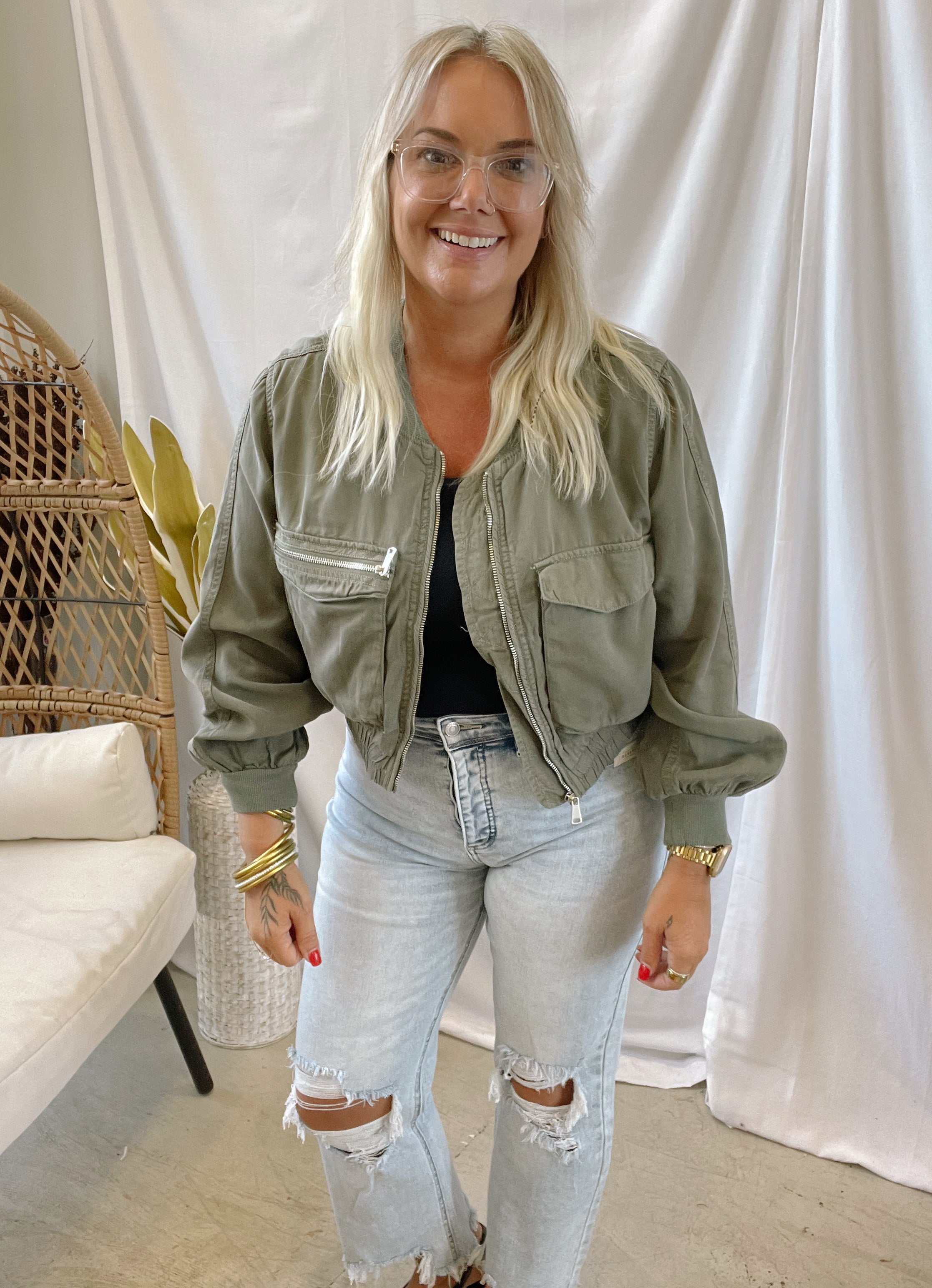 Risen Olive Bomber Jacket-Coats & Jackets-risen-The Silo Boutique, Women's Fashion Boutique Located in Warren and Grand Forks North Dakota